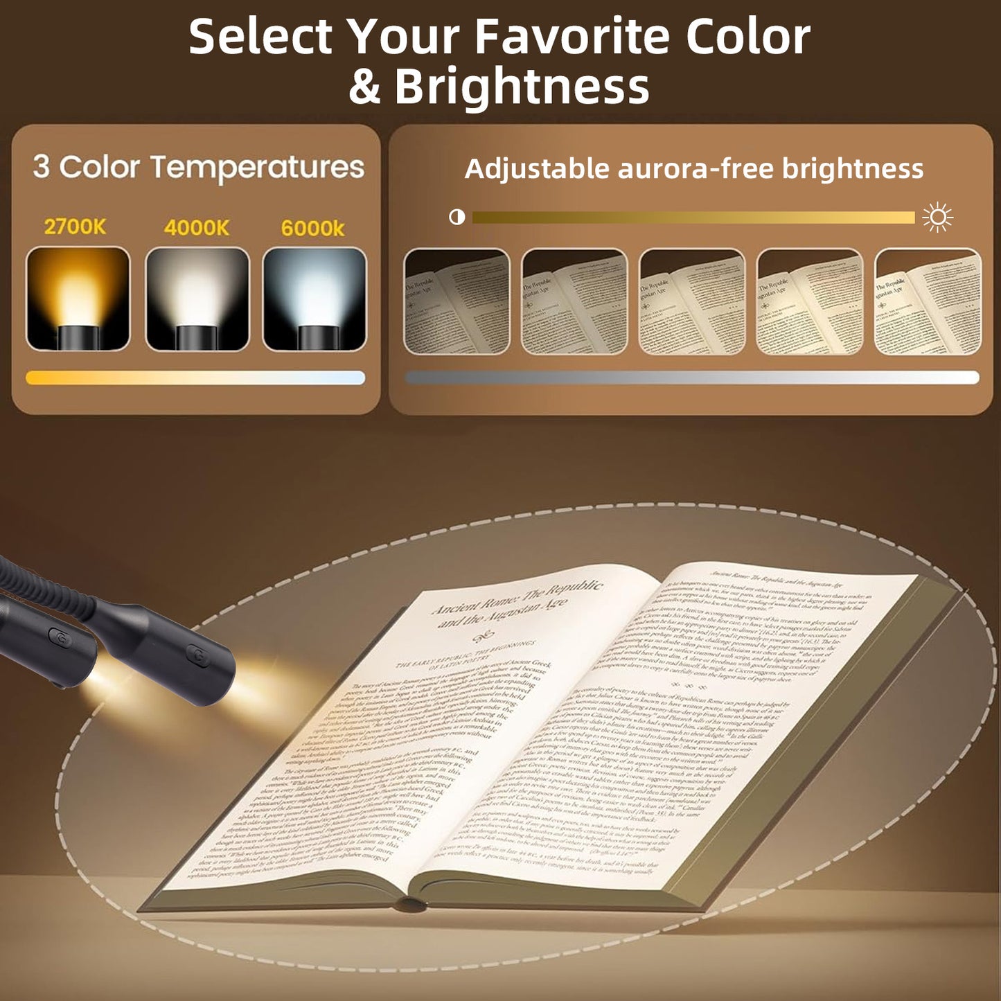Anpro Rechargeable Neck Reading Light 4 LED, 3 Brightness Levels Lighting & 3 Color Temperatures Book Light for Reading in Bed, up to 40 Hours Reading, Bendable Long Arms Lamp