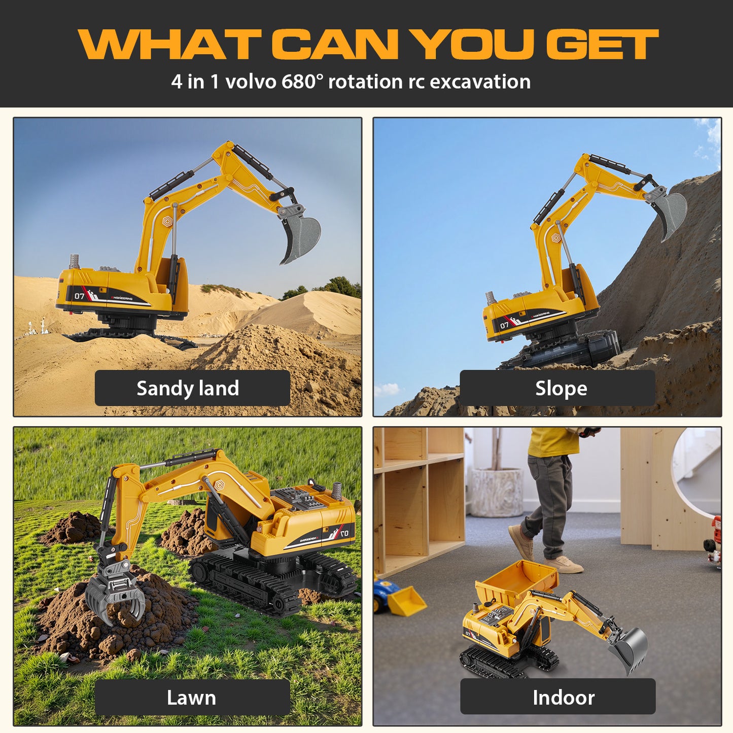 Petbank 4 in 1 Remote Control Excavator, Rechargeable RC Excavactor with Dump car, 11 Channel Excavator Construction Toy with Metal Shovel, Spray, Lights, Sounds, Gift for Boys and Girls, Yellow