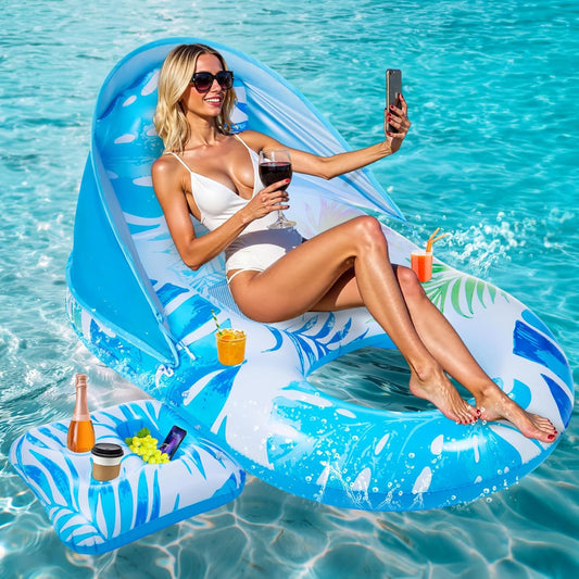 Pool Lounger Float with Canopy UPF50+, Inflatable Pool Lounge, LED Light Up Pools Floatie, Large Tanning Floaties, Water Floats for Adults Kids Swim Toys with Cup Holder & Backrest, Footrest