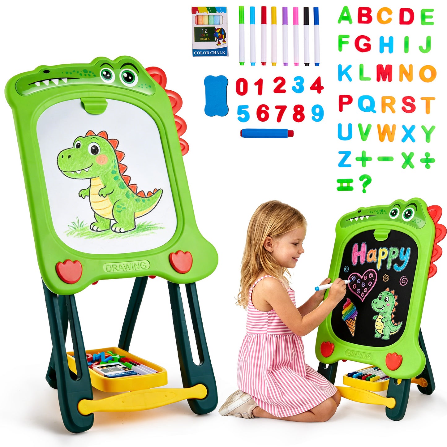 Lictin Easel for Kids, Double-Sided Magnetic Drawing Board with Painting Accessories, Adjustable Standing Toddler Art Easel Gift for Boys Girls 3-8 Years Old