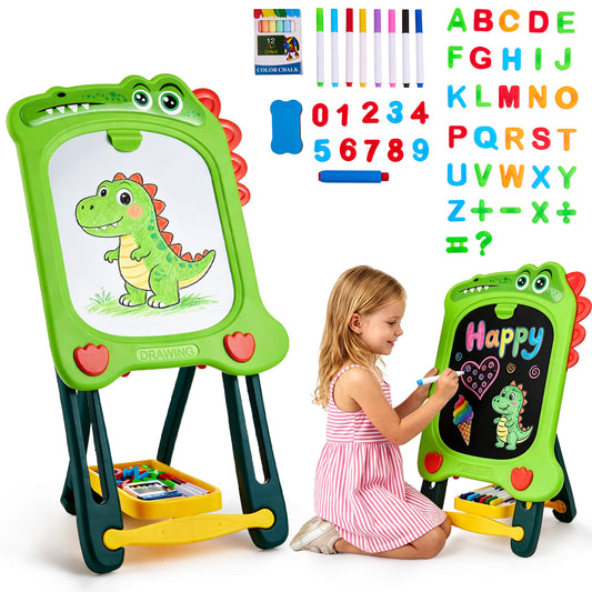 Lictin Easel for Kids, Double-Sided Magnetic Drawing Board with Painting Accessories, Adjustable Standing Toddler Art Easel Gift for Boys Girls 3-8 Years Old