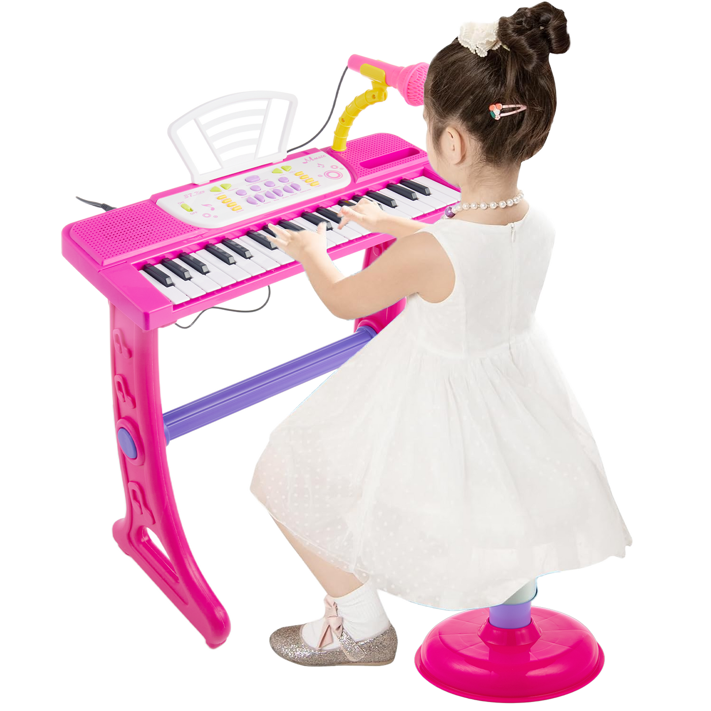 Petbank 37-Key Kids Piano Keyboard Toy, Kids Electronic Piano with Microphone, Stool, 8 Instrument Sounds Piano Toy Gift for Girls, Pink