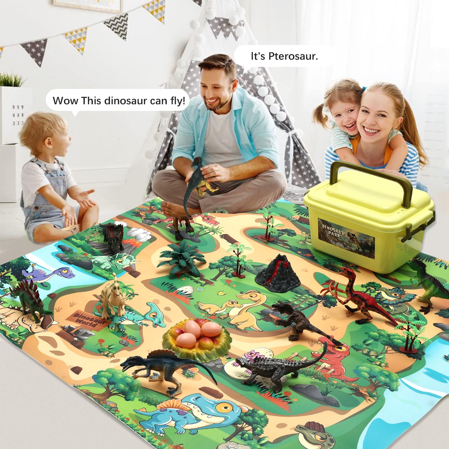 Anpro Dinosaur Toys for Kids, 43PCS Dinosaur Play Set with Play Mat, Trees, Rocks, Container, Perfect Dino World Party Favors for Age 3+ Toddlers Kids Boys Girls