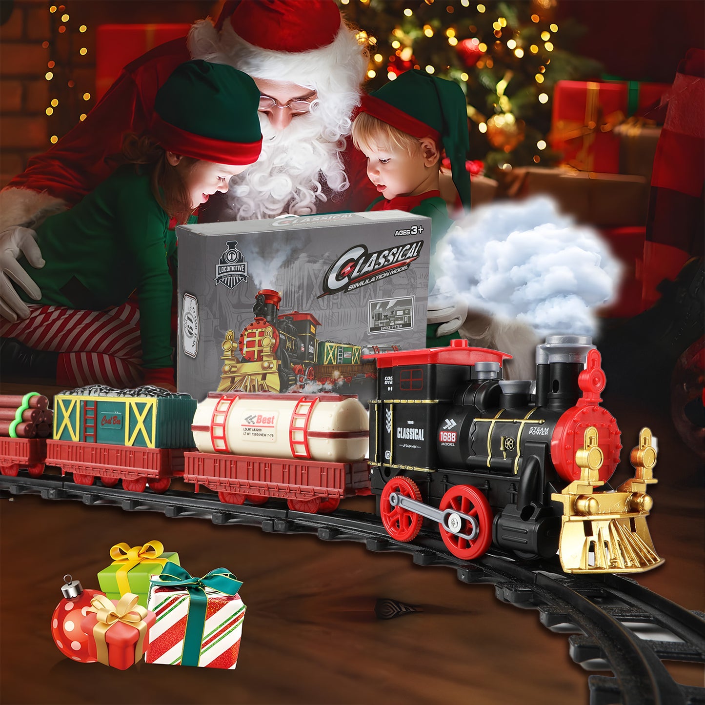 Anpro Electric Train Set for Kids, Train Track Toy with Smoke & Sound, Christmas Train Gift for Boy & Girl