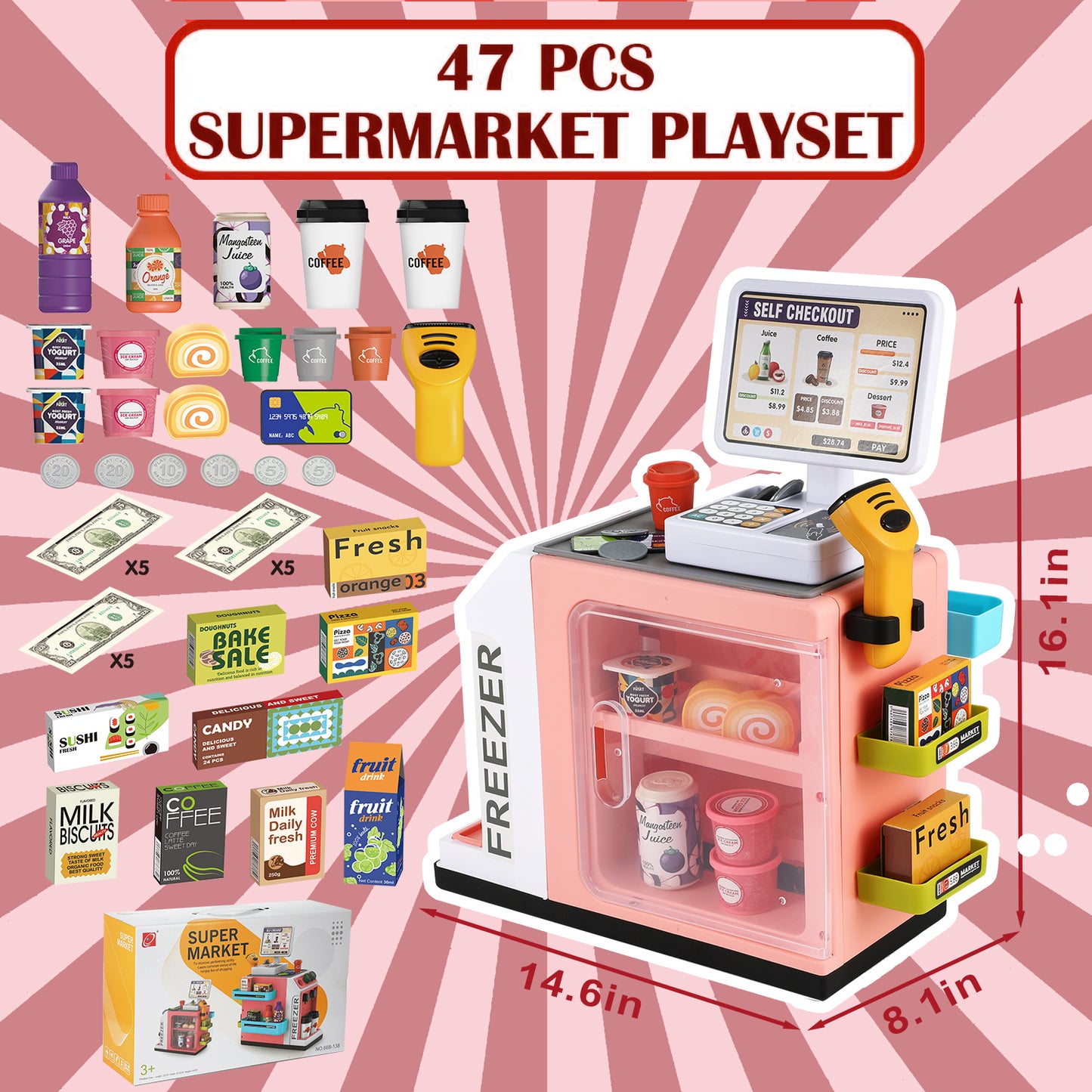 Anpro 47PCS Cash Register Playset for Kids, Pretend Play Cash Register with Calculator, Scanners, Coffee Machine, Credit Cards and Play Food for Boys Girls Age 3+, Pink