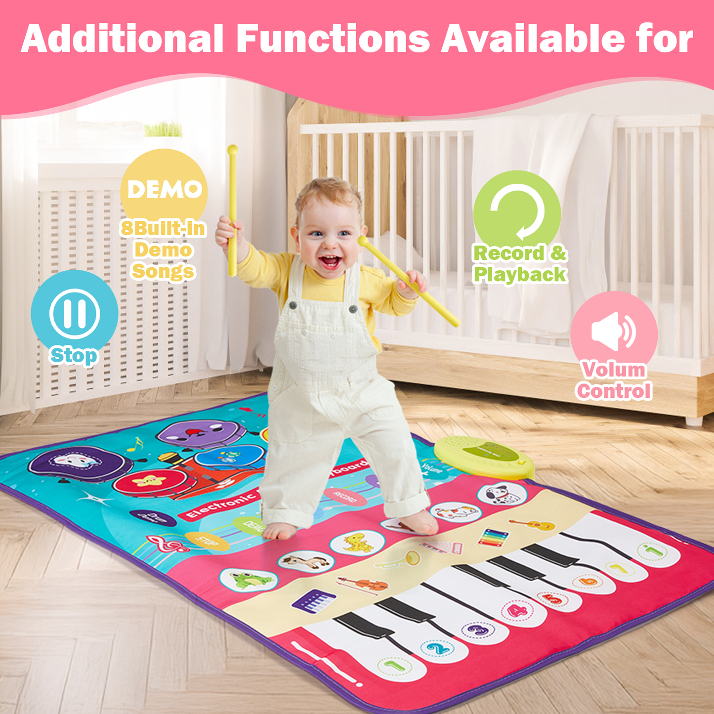 Petbank 4 in 1 Musical Mat for Toddlers, Electronic Piano Mat with Piano Keyboard, Drum Mat & 2 Drum Sticks, Baby Toy Gift for 1 2 3 Year Old Boys & Girls