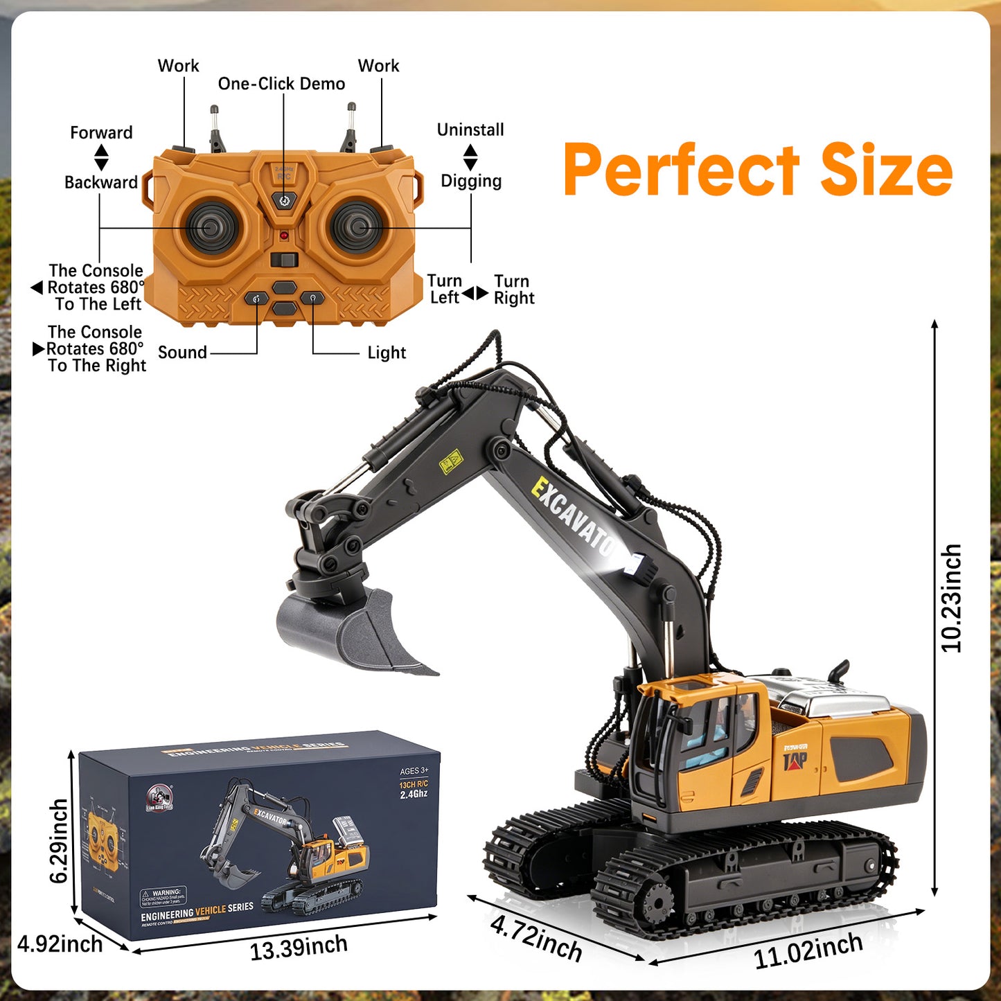 Remote Control Excavator Toys for Boys, 2.4GHz 14 Channel Construction Vehicles Toys with Shovel, Claw & Drill, Engineering Vehicle with Lights & Sounds Gift for Kids