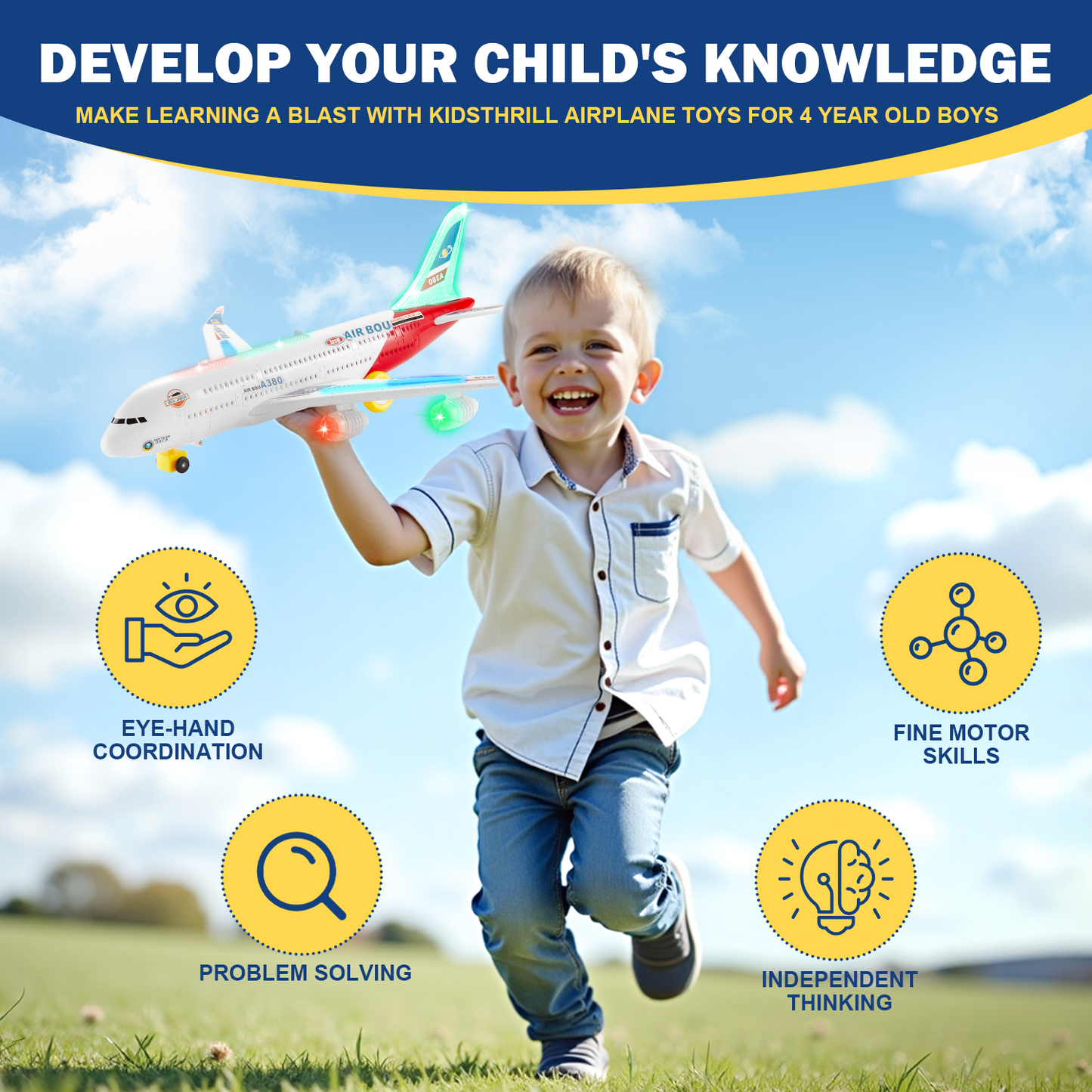 Gleamkid Airplane Toys for Kids, Bump and Go Action, Toddlers Toy Plane with LED Flashing Lights & Music for Boys Girls 3-12 Years