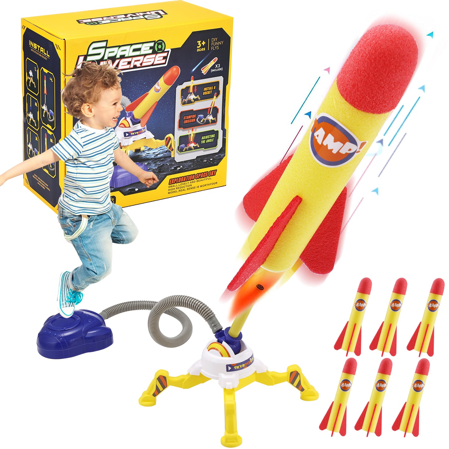 Anpro Toy Rocket Launcher Set for Kids, Rocket Outdoor Toys with 6 Rockets + Launcher Soars 100 ft for Boys or Girls Age 3+ Years Old Toy Christmas Gift, Yellow