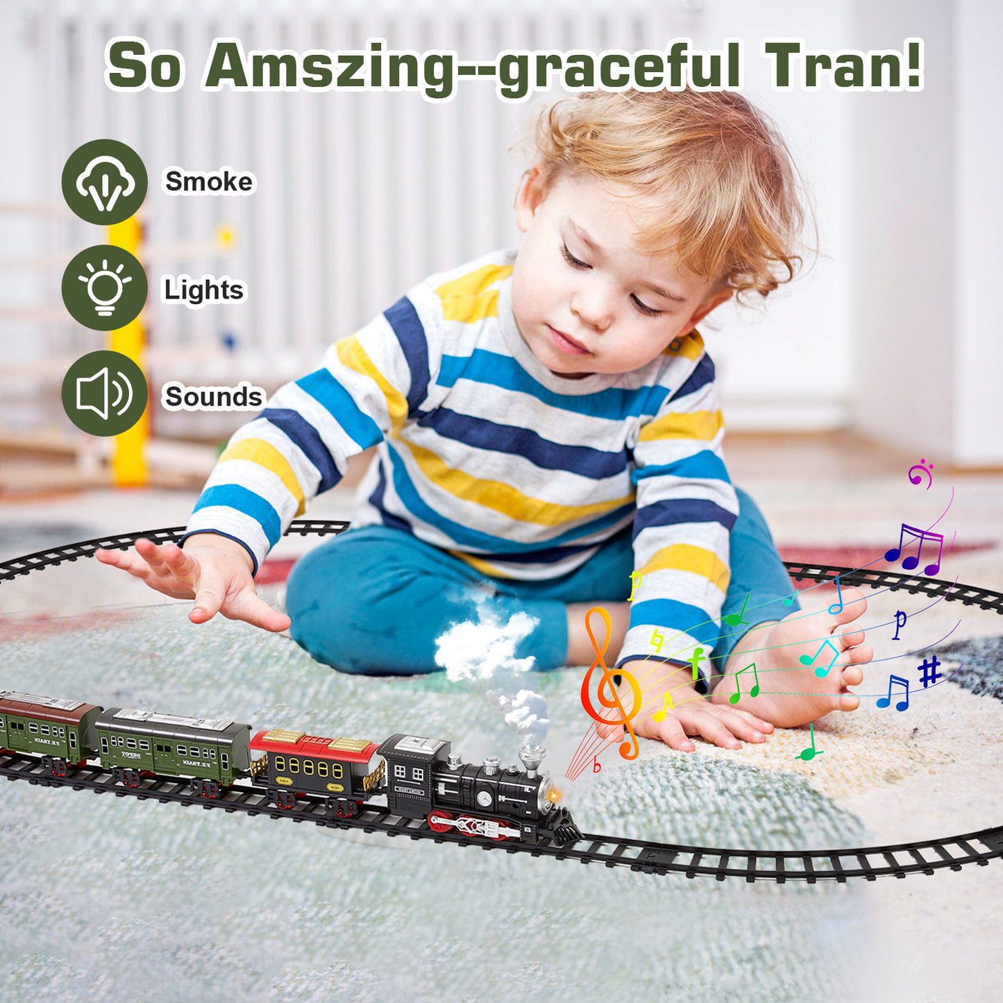 Gleamkid Electric Train Set for Kids, Train Track Toy with Smoke & Light & Sound, Christmas Train Gift for Boy & Girl