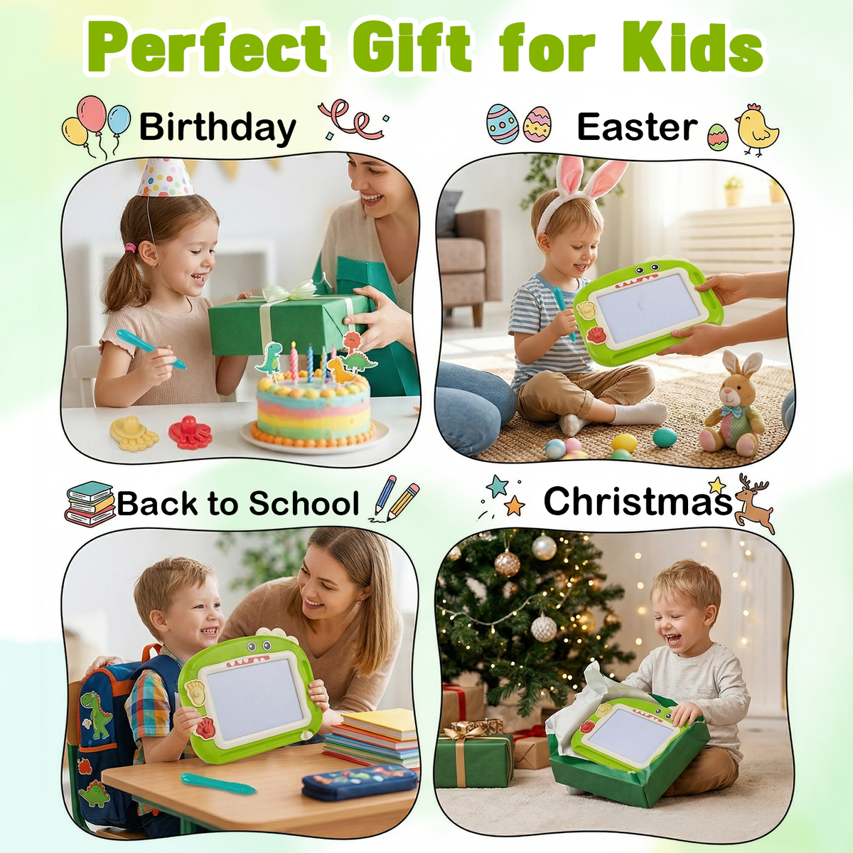 Magnetic Drawing Board for Kids, 8.1 Inch Green Dinosaur Doodle Board for Toddlers, Educational Learning Toys for Toddlers 1-3, Green