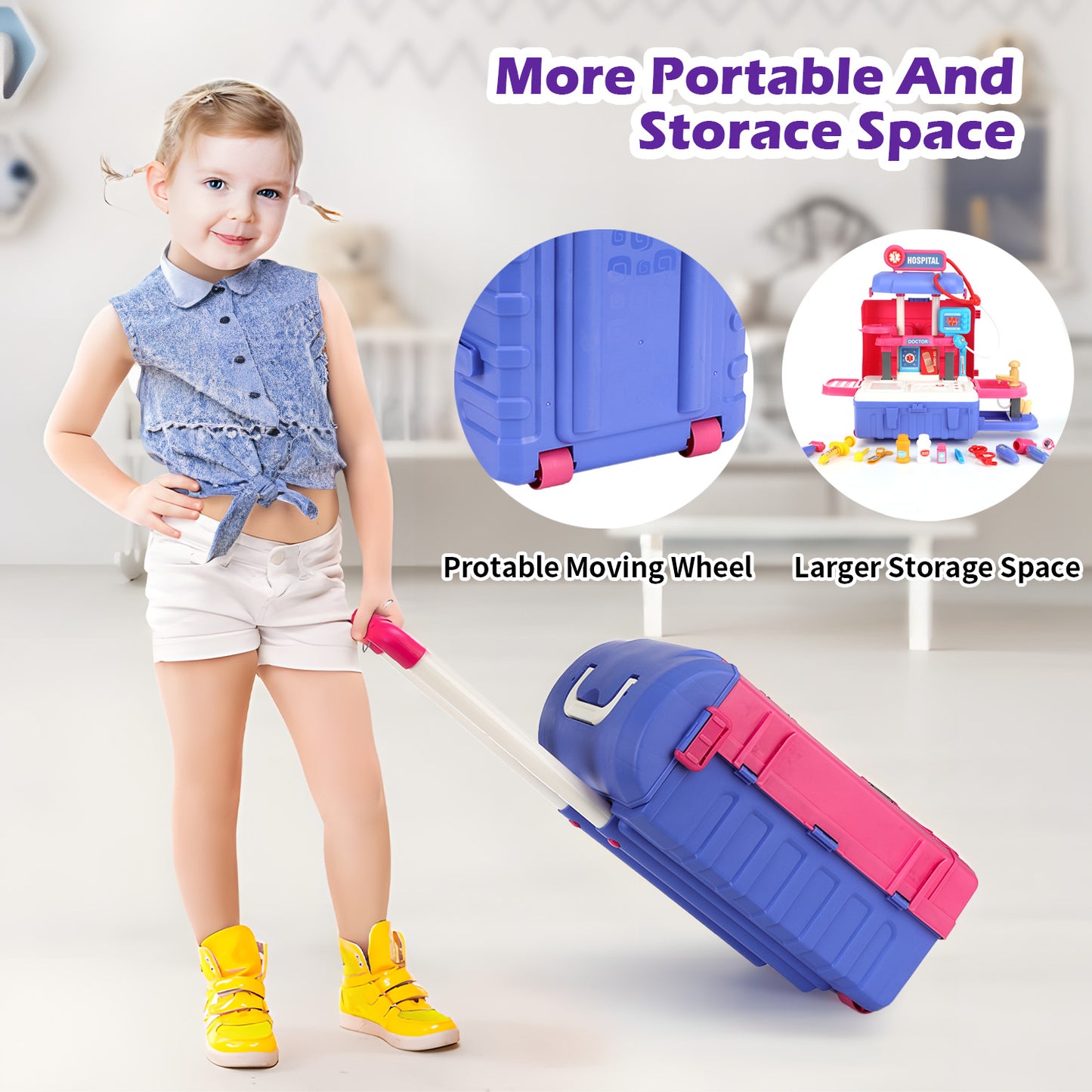 Anpro 38Pcs Toy Doctor Kit for Kids, 28Inch 3 in 1 Role Play Toys Medical Kit with Stethoscope, Pretend Mobile Medical Station with Realistic Light & Sound Effects for Boys Girls Age 3+, Red