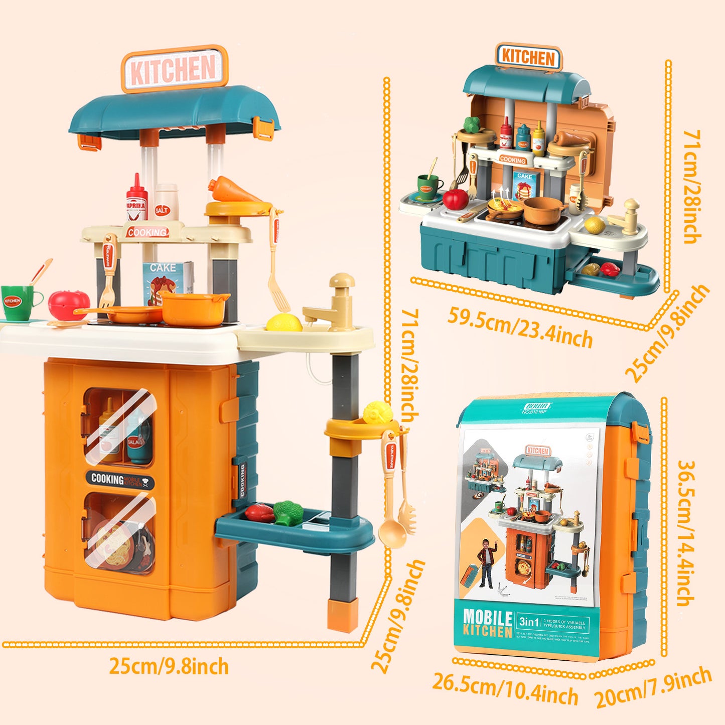 Anpro 28Inch Play Kitchen Set for Kids, 49PCS Pretend Play Kitchen with Sounds & Lights, Toy Kitchen Cooking Set, Best Gifts for Toddlers Age 3+, Yellow