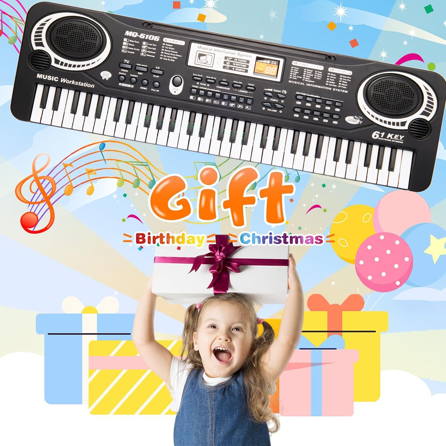 Anpro Baby Piano Toy for Kids, 61Keys Toddlers Musical Piano with Microphone, Musical Instrument Toys Gifts for Boys Girls 1 2 3 4 5 Years Old, Black