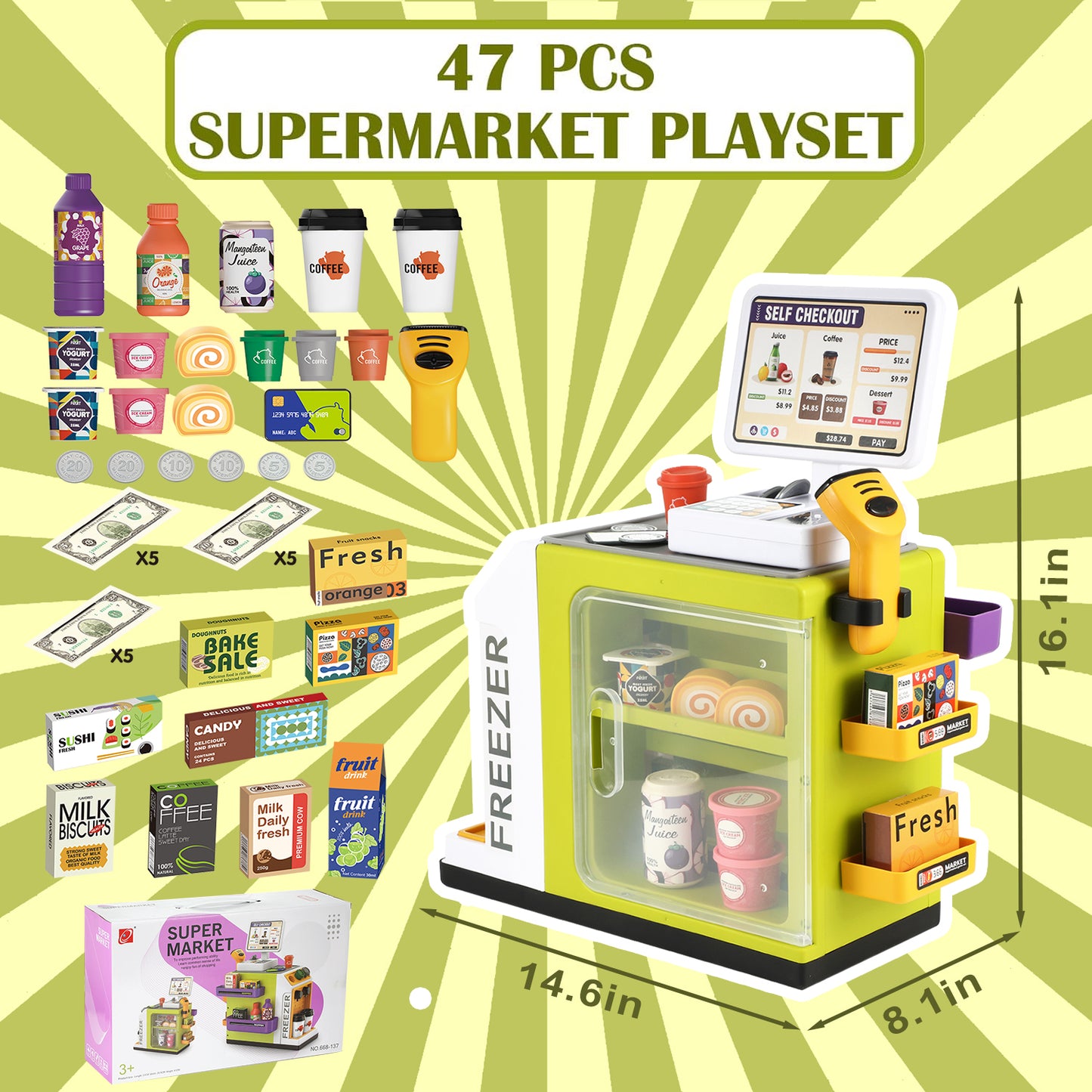 Anpro 47PCS Cash Register Playset for Kids, Pretend Play Cash Register with Calculator, Scanners, Coffee Machine, Credit Cards and Play Food for Boys Girls Age 3+, Green