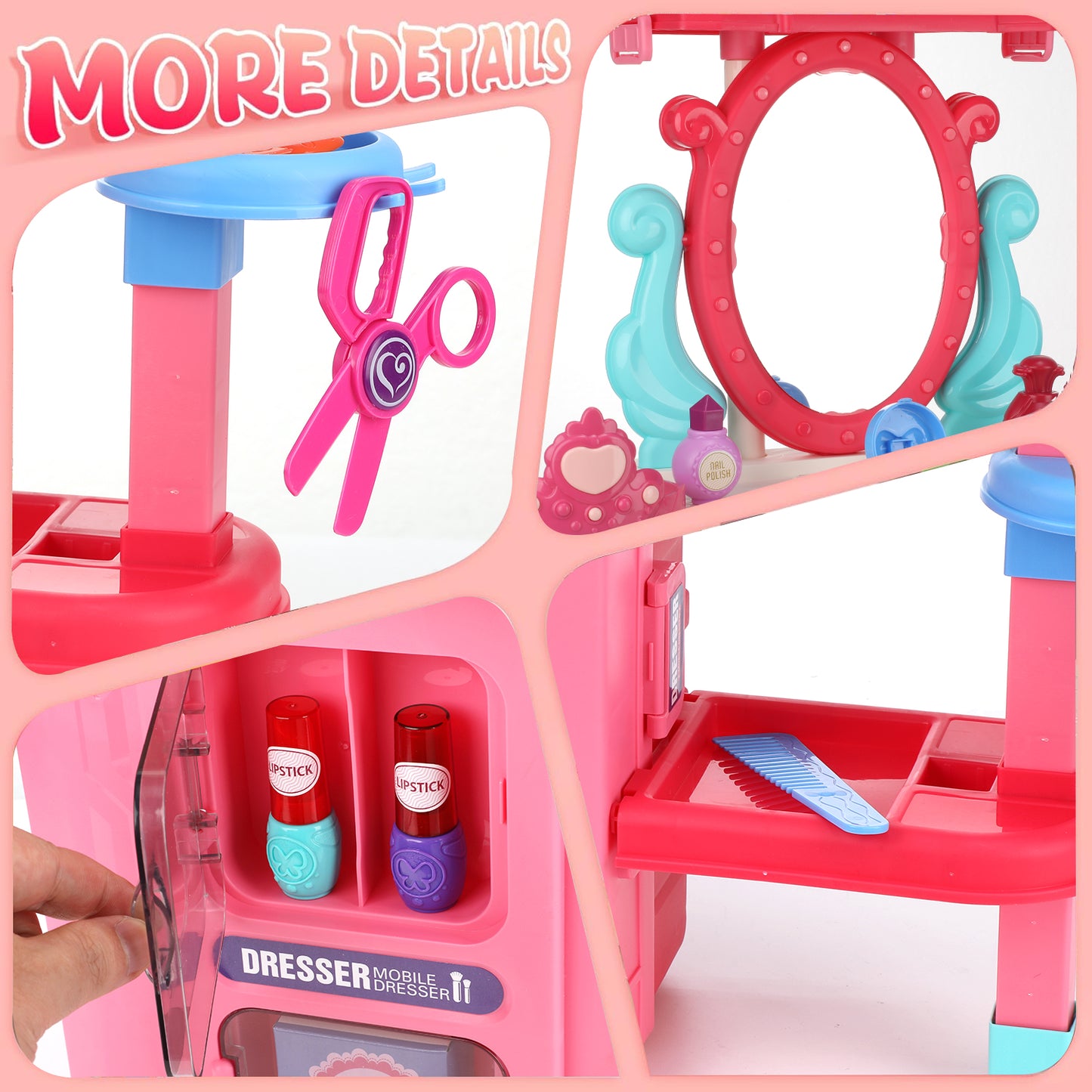 38PCS Toddler Makeup Vanity Set, Anpro 29Inch Princess Girls Vanity Table Set Toy with Light & Music and Accessories & Hair Dryer for Kids Toddlers Girl 3-5 Years, Pink