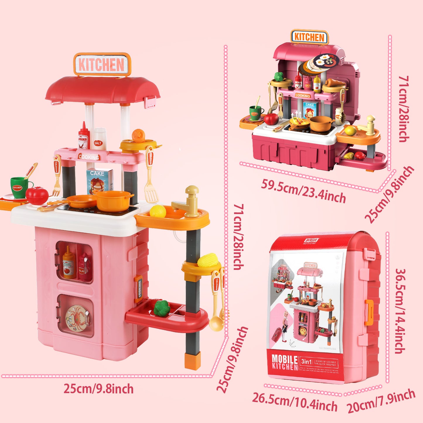 Anpro 28Inch Play Kitchen Set for Kids, 49PCS Pretend Play Kitchen with Sounds & Lights, Toy Kitchen Cooking Set, Best Gifts for Toddlers Age 3+, Pink