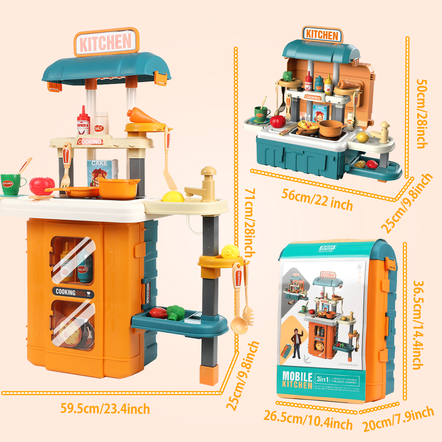 Anpro 28Inch Play Kitchen Set for Kids, 49PCS Pretend Play Kitchen with Sounds & Lights, Toy Kitchen Cooking Set, Best Gifts for Toddlers Age 3+, Yellow