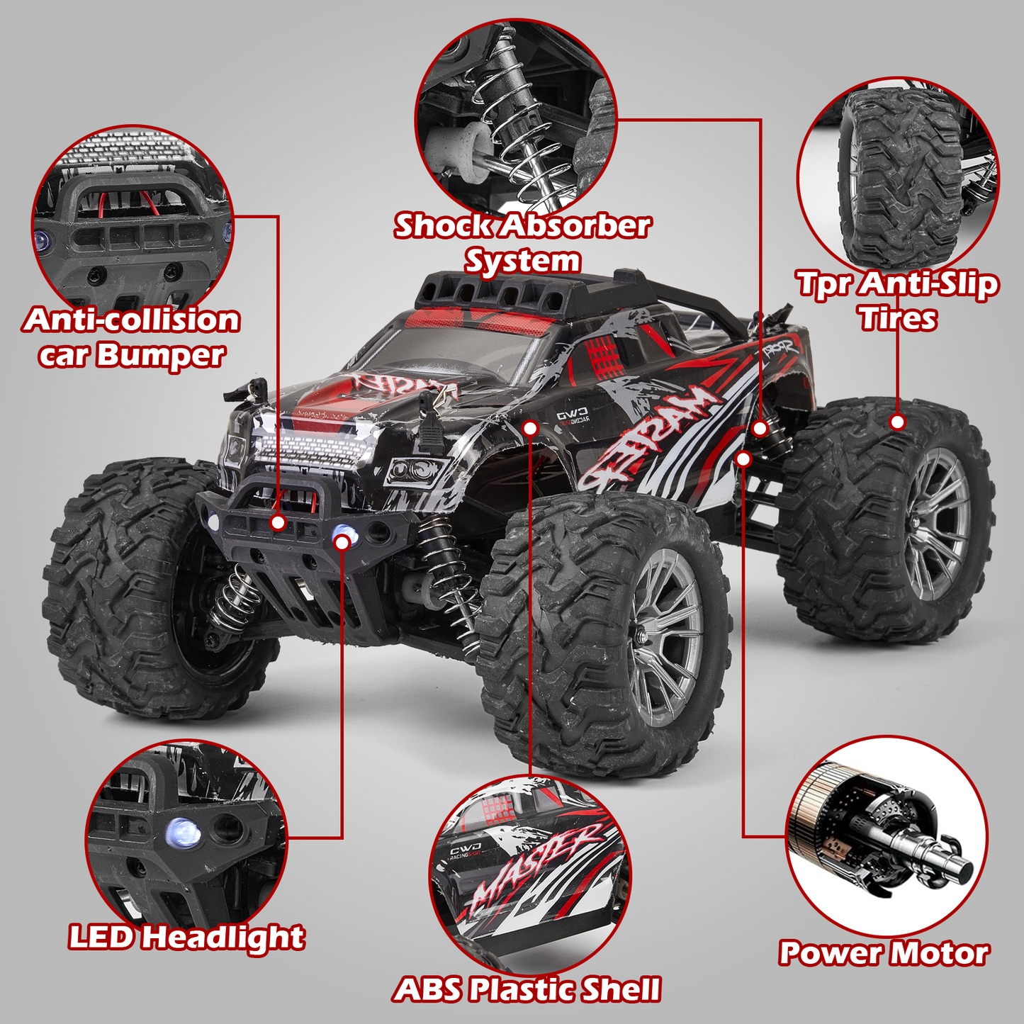 Anpro High Speed Remote Control Car, 16 Scale 40+KMH RC Monster Truck with Lights, 4WD All Terrain Off-Road Truck, 2 Batteries, Electric Vehicle Hobby Toy Gifts for Kids and Adults