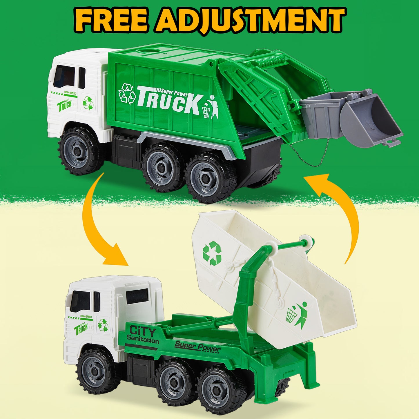 Gleamkid Garbage Truck Toys, Friction Powered Trash Truck Toy with 2 Interchangeable carriages, 4 Trash Bins, Educational Trash Truck Toy Vehicle for Boys Girls