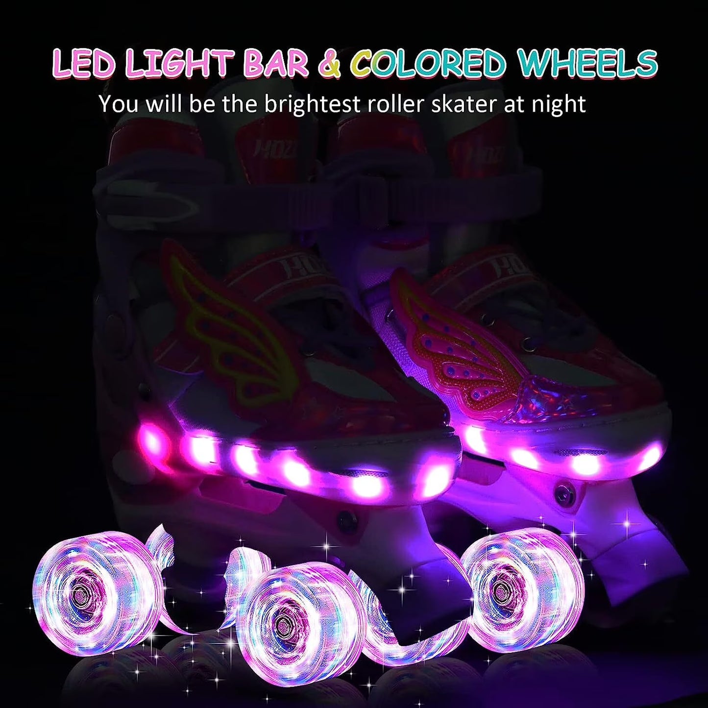 Hozzen Adjustable LED Light Up Roller Skates for Girls with Unicorn Design
