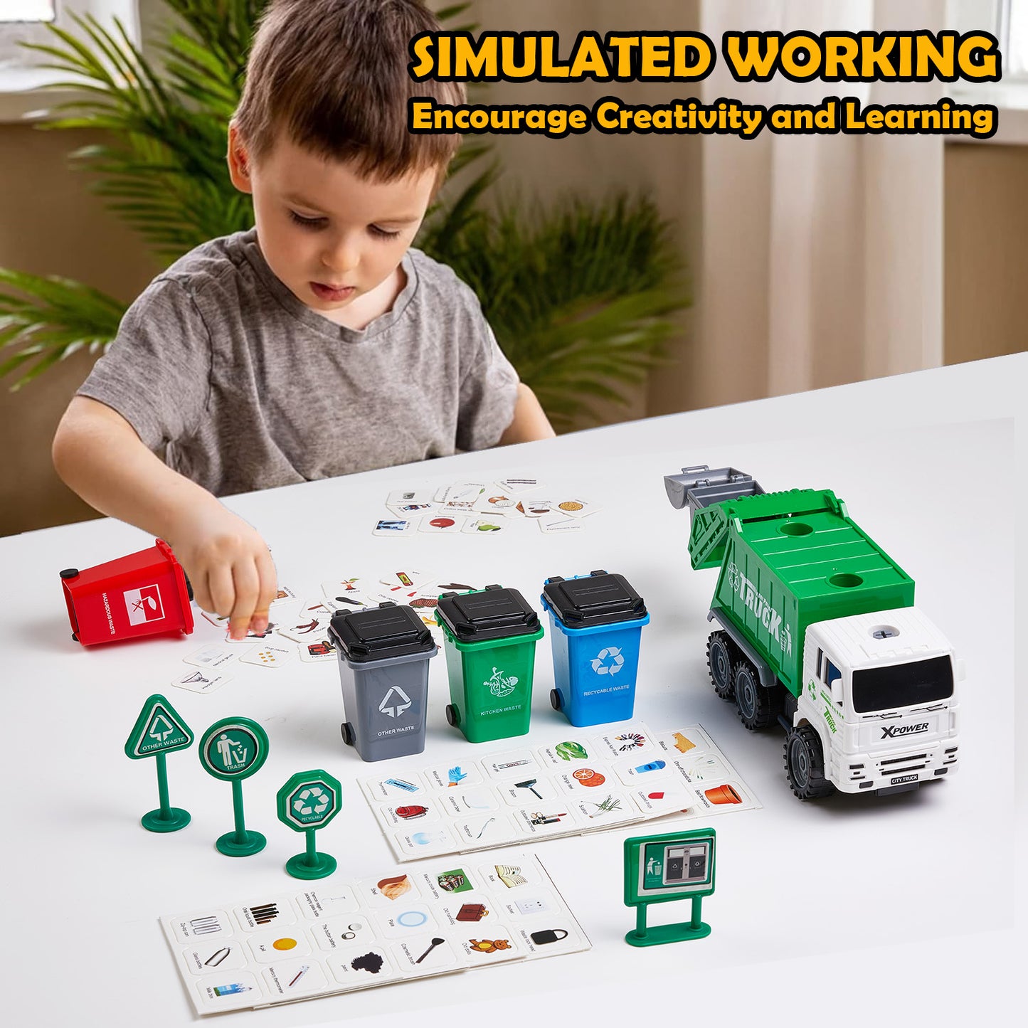 Gleamkid Garbage Truck Toys, Friction Powered Trash Truck Toy with 2 Interchangeable carriages, 4 Trash Bins, Educational Trash Truck Toy Vehicle for Boys Girls