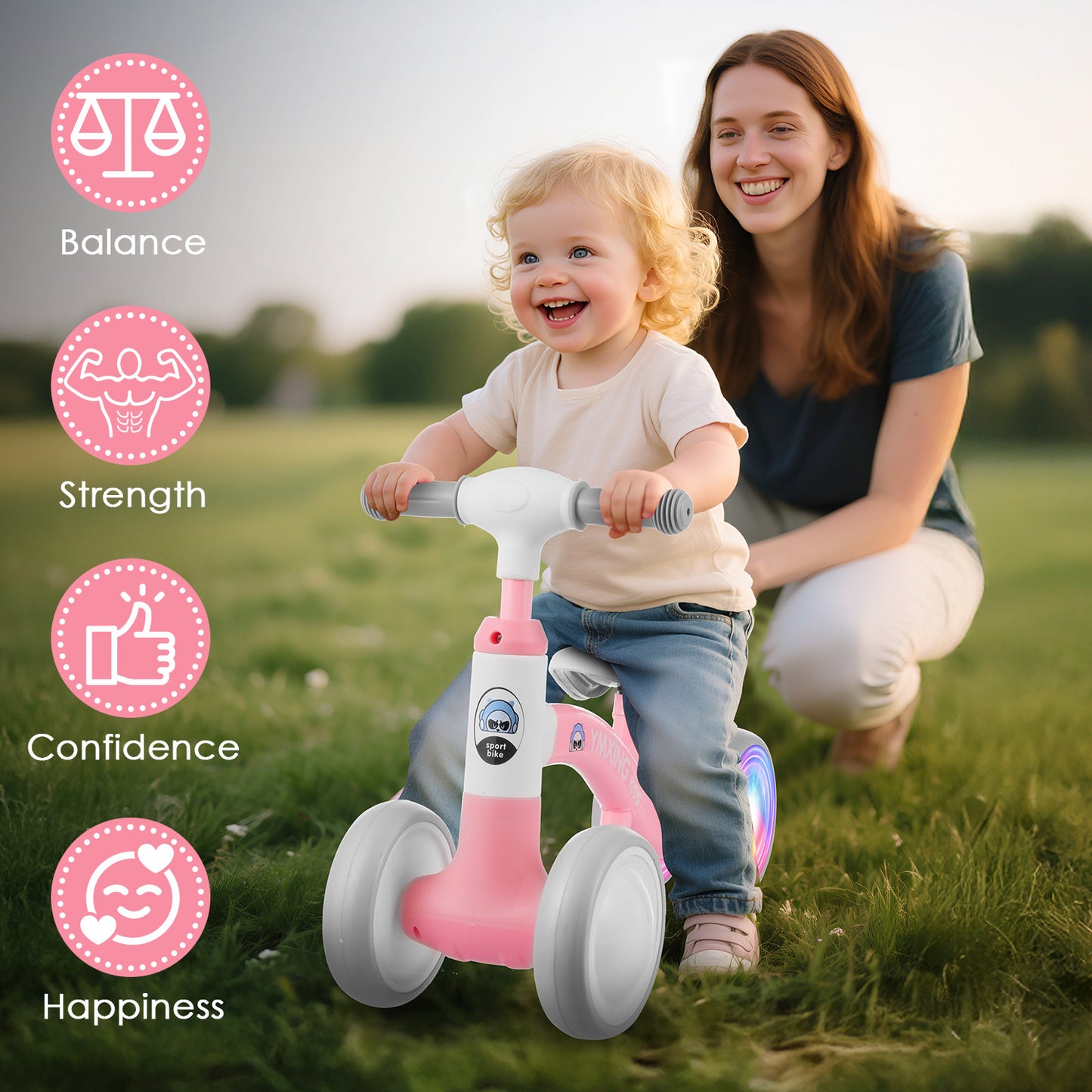 Colorful Lighting Toddler Baby Balance Bike, No Pedal Toddler Bikes with Adjustable Handlebar & Seat, 6.3 Inch Wheel, Suitable for Boys and Girls Ages 1 2 3