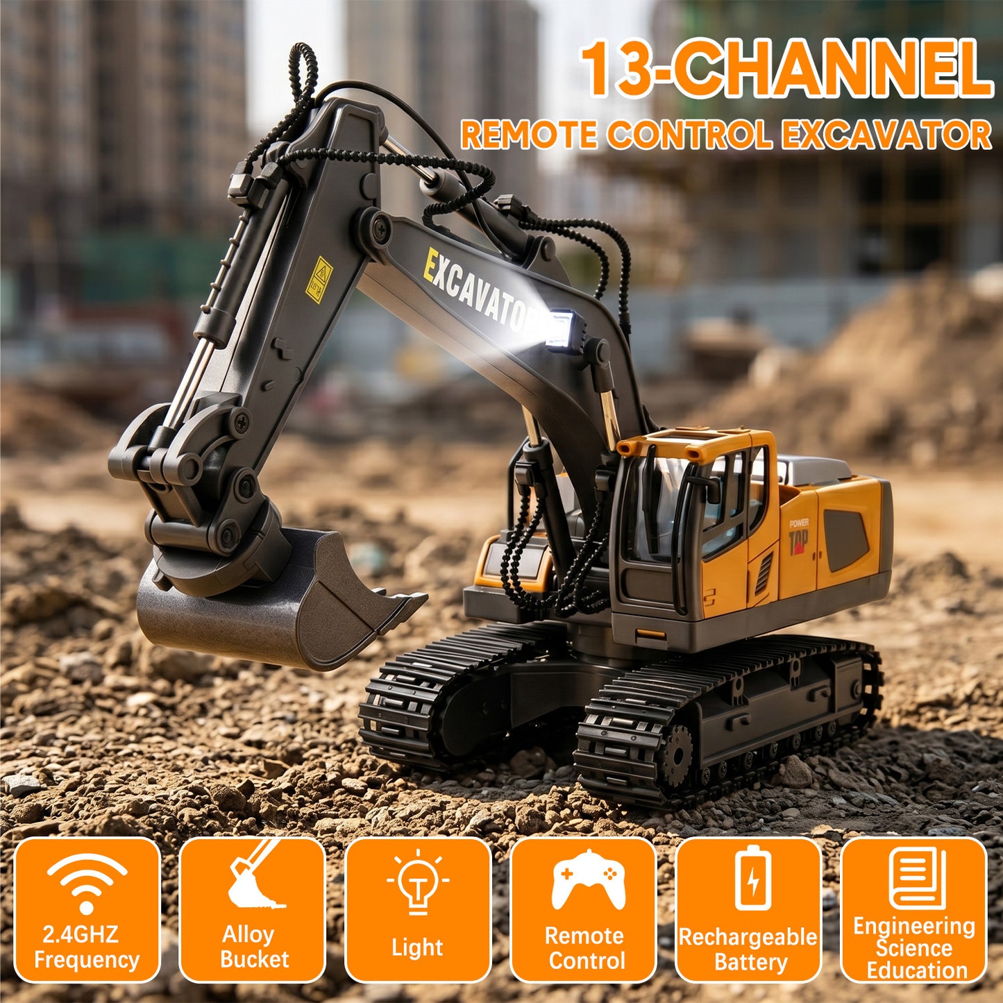 Remote Control Excavator Toys for Boys, 2.4GHz 14 Channel Construction Vehicles Toys with Shovel, Claw & Drill, Engineering Vehicle with Lights & Sounds Gift for Kids