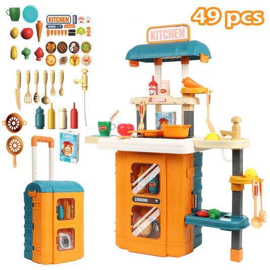 Anpro 28Inch Play Kitchen Set for Kids, 49PCS Pretend Play Kitchen with Sounds & Lights, Toy Kitchen Cooking Set, Best Gifts for Toddlers Age 3+, Yellow