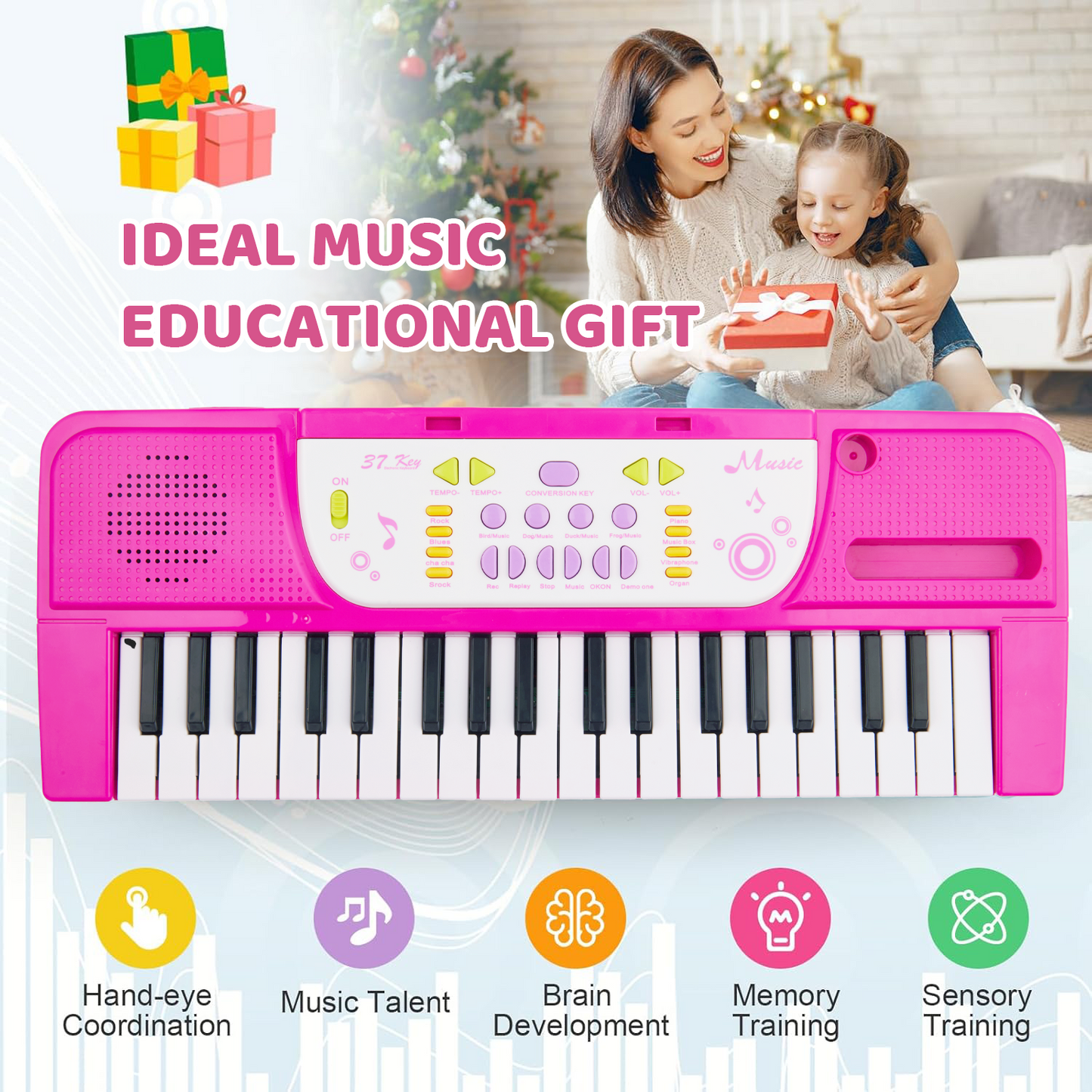 Petbank 37-Key Kids Piano Keyboard Toy, Kids Electronic Piano with Microphone, Stool, 8 Instrument Sounds Piano Toy Gift for Girls, Pink