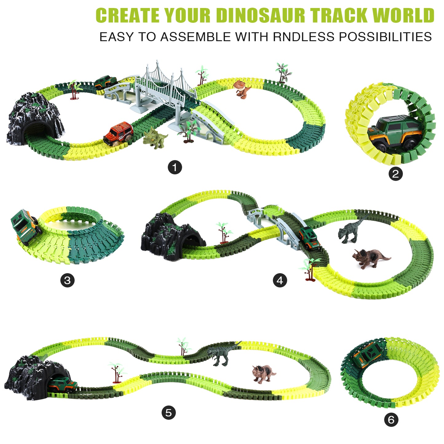 Anpro Dinosaur Toys Race Car Track Set for Kids, 250pcs Race Car Track Set Vehicle Playsets Dinosaur World Road Toys Flexible Track Playset for Boys Age 3+ Best Christmas Gift
