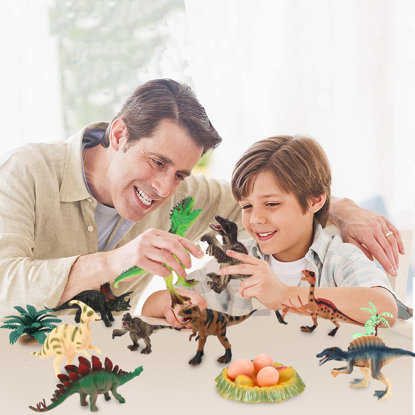 Anpro Dinosaur Toys for Kids, 43PCS Dinosaur Play Set with Play Mat, Trees, Rocks, Container, Perfect Dino World Party Favors for Age 3+ Toddlers Kids Boys Girls