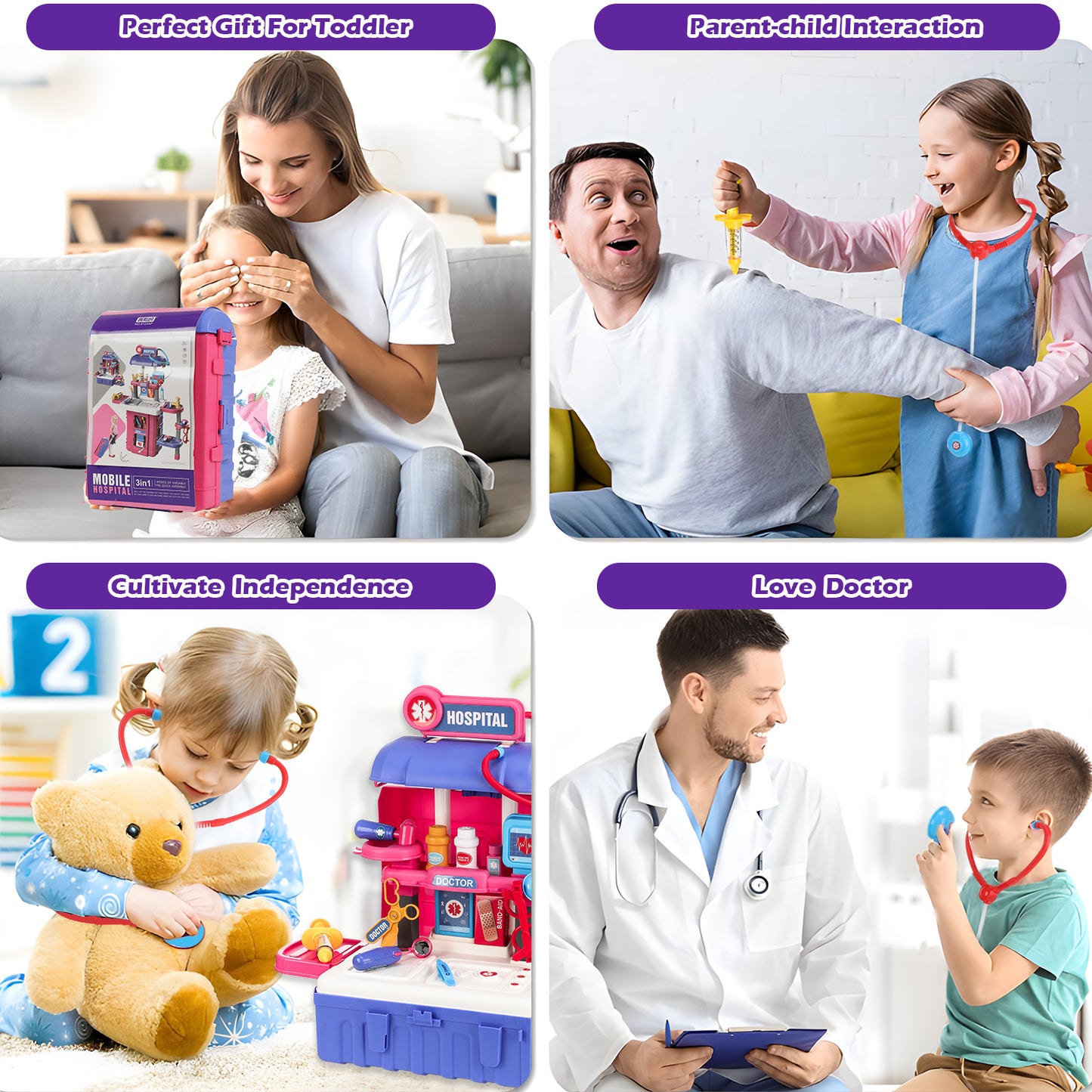 Anpro 38Pcs Toy Doctor Kit for Kids, 28Inch 3 in 1 Role Play Toys Medical Kit with Stethoscope, Pretend Mobile Medical Station with Realistic Light & Sound Effects for Boys Girls Age 3+, Red