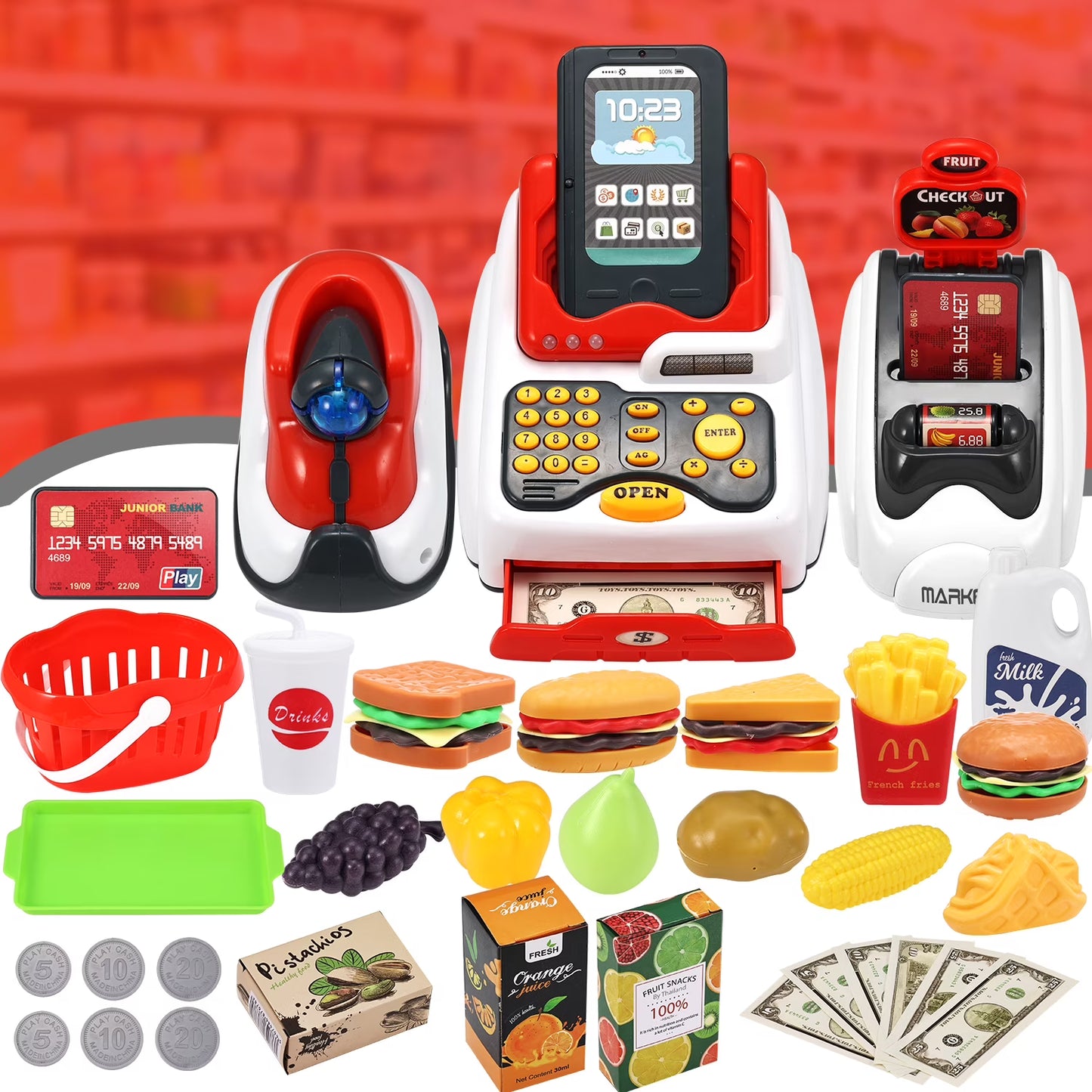 Toy Cash Register for Kids, Pretend Play Cash Register with Scanner, Credit Reader, Grocery Store Checkout Game Toys for Toddler Boys & Girls Age 3 4 5 6 Years Old