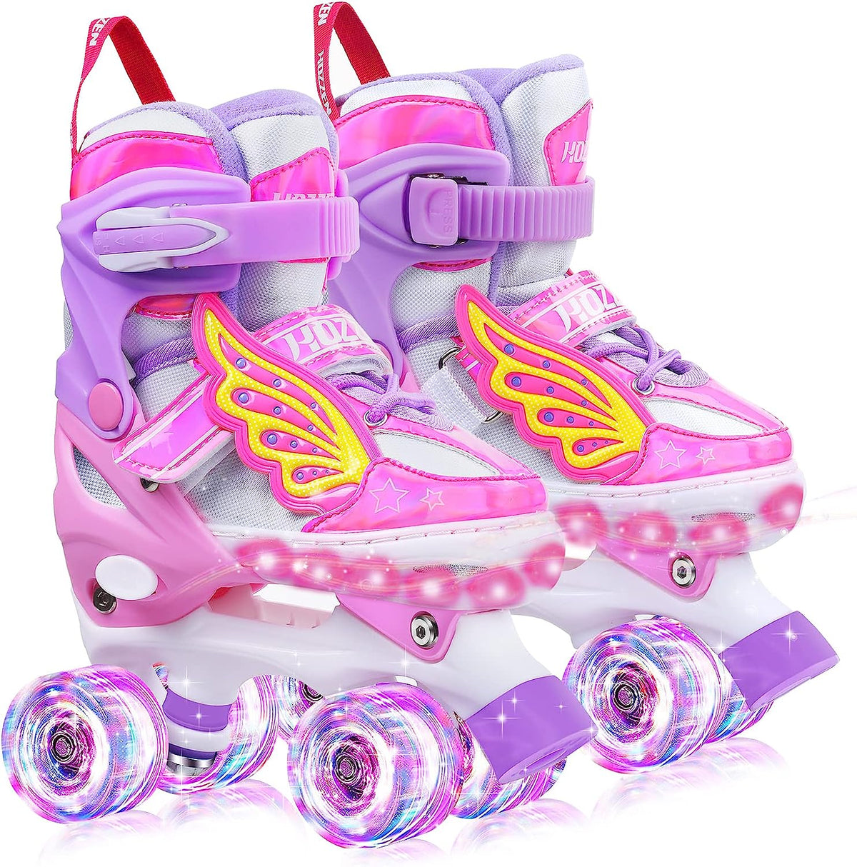 Kids Roller Skates for Girls, 4 Size Adjustable Toddler Roller Skates with Light Up Wheels for Outdoor/Indoor, Gifts for Girls Beginner（M, 12C-2Y)