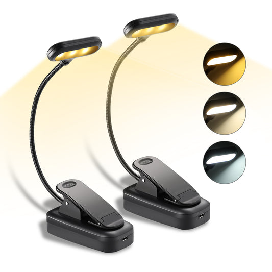 Petbank 2 Pack Rechargeable Book Light 6 LED, 3 Brightness Levels Lighting & 3 Color Temperatures, up to 40 Hours Reading, Lightweight Clip on Reading Lights for Books in Bed