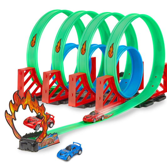 Anpro Car Race Track Set for Kids, 360° Loop Raceway Race Track Set with 2 Pull-Back Cars, Best Track Toys Gifts for 3+ Years Toddler Boys Girls, Green