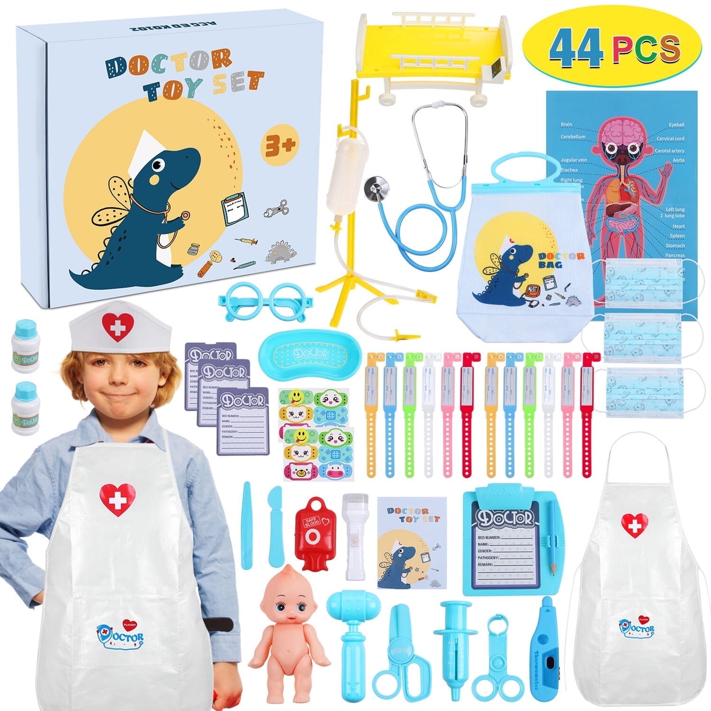Anpro Doctor Kit for Kids, 43pcs Play Medical Kit Toy with Stethoscope and Doll for Boys Ages 3+