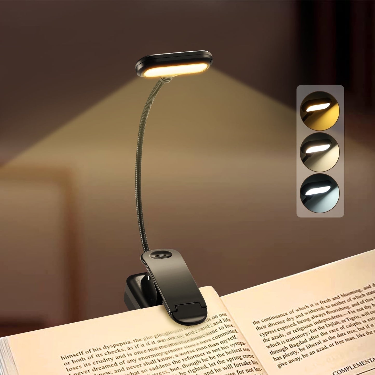 Anpro Rechargeable Book Light 6 LED, 3 Brightness Levels Lighting & 3 Color Temperatures, up to 40 Hours Reading, Lightweight Clip on Reading Lights for Books in Bed