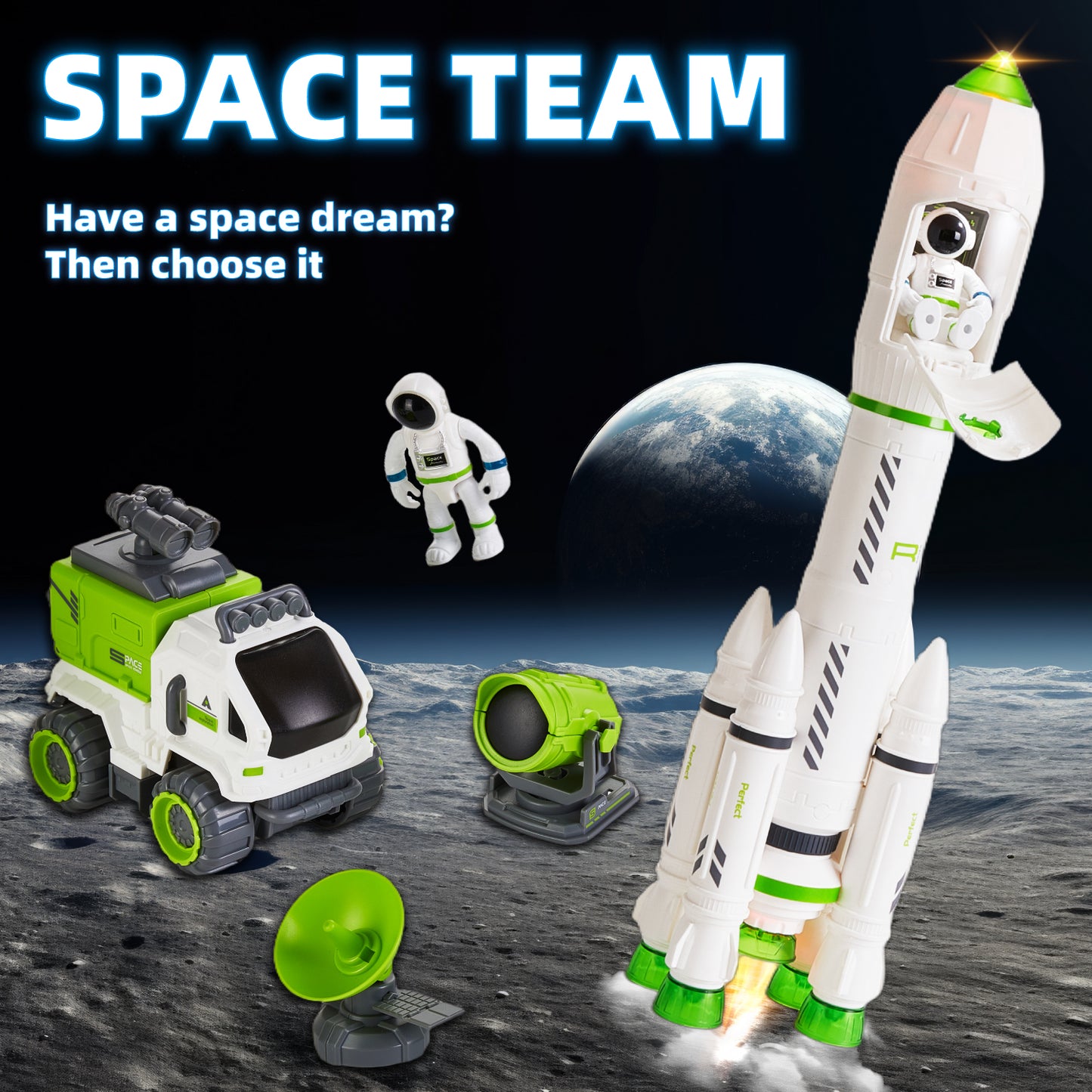 Space Rocket Toys for Kids, Lictin Spaceship Toys with Rocket Ship, Astronaut and Space Rover, Rocket Ship Toys with Light & Sound, Gift for Boys Girls 2 3 4 5 Years Old