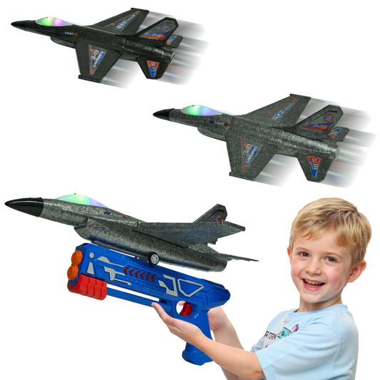 Petbank Airplane Launcher Toy, 2 Pack Flying Airplane Toys with Launcher,LED Light Foam Flying Glider Plane with Sticker and Protective cover, Outdoor Plane Toys for Boy Girl 3+, Black & Grey