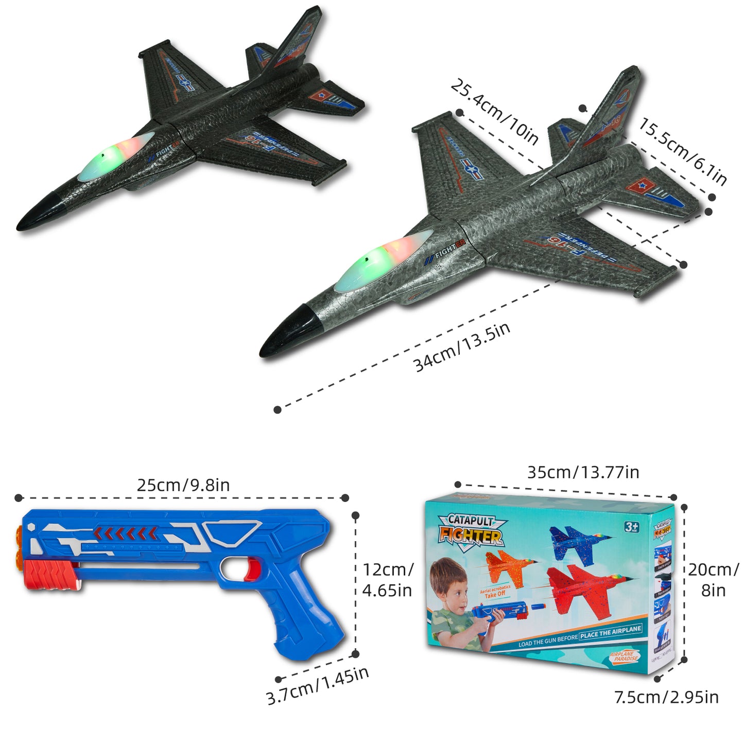 Petbank Airplane Launcher Toy, 2 Pack Flying Airplane Toys with Launcher,LED Light Foam Flying Glider Plane with Sticker and Protective cover, Outdoor Plane Toys for Boy Girl 3+, Black & Grey