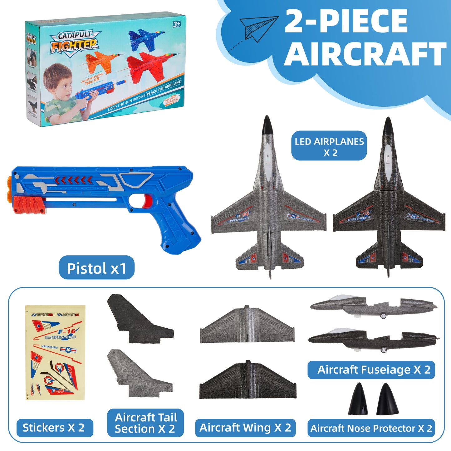 Lictin 2 Pack Airplane Launcher Toys, 12.6" Foam Glider Led Plane, Catapult Plane Toy for Boys, Outdoor Flying Toys Gifts for 3 4 5 6 Years Old Kids