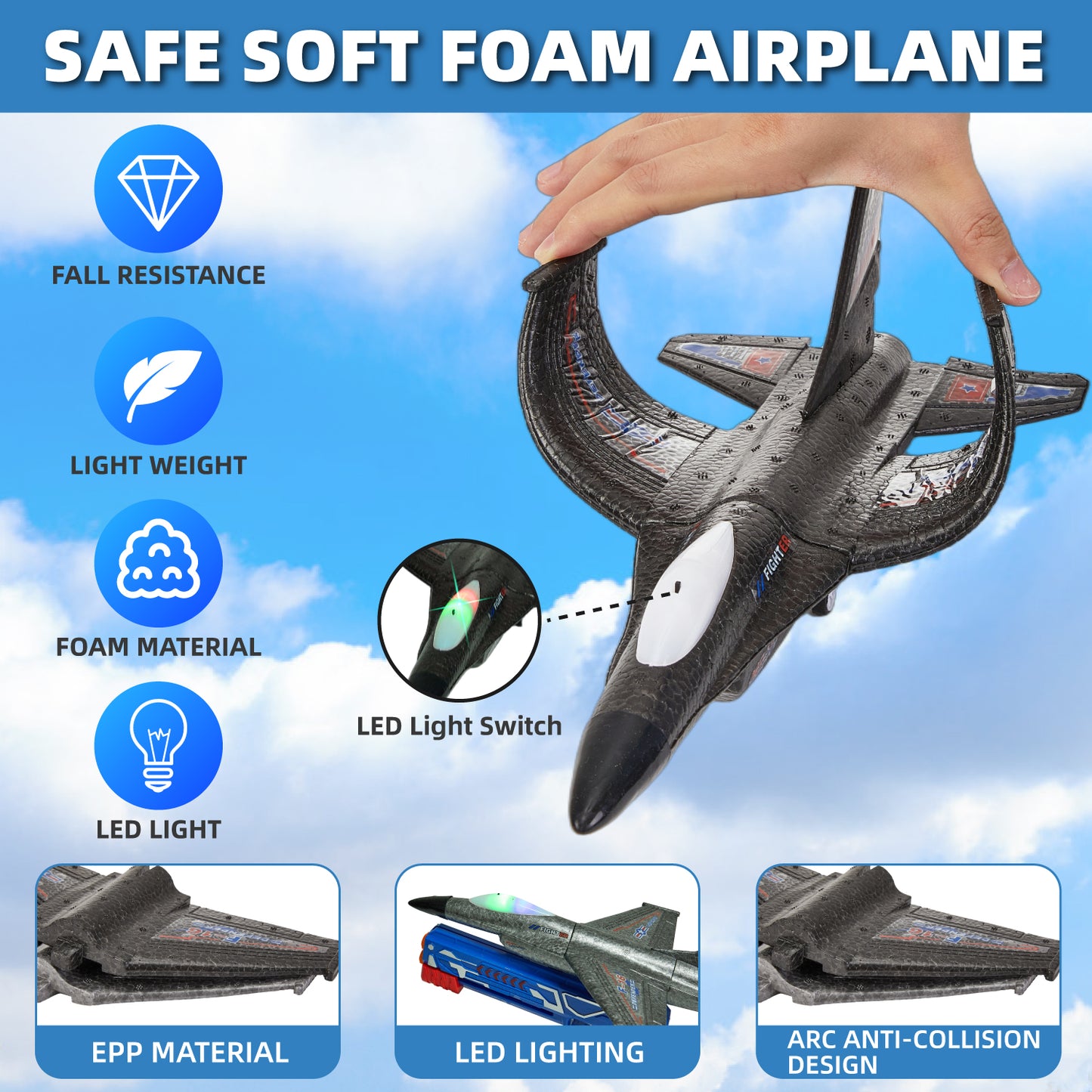Petbank Airplane Launcher Toy, 2 Pack Flying Airplane Toys with Launcher,LED Light Foam Flying Glider Plane with Sticker and Protective cover, Outdoor Plane Toys for Boy Girl 3+, Black & Grey