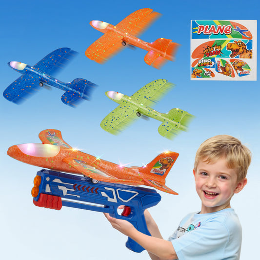 Petbank Airplane Launcher Toys, 3 Pack Flying Airplane Toys with Launcher, LED Light Foam Flying Glider Plane with Sticker, Outdoor Plane Toys for Boy Girl 3+