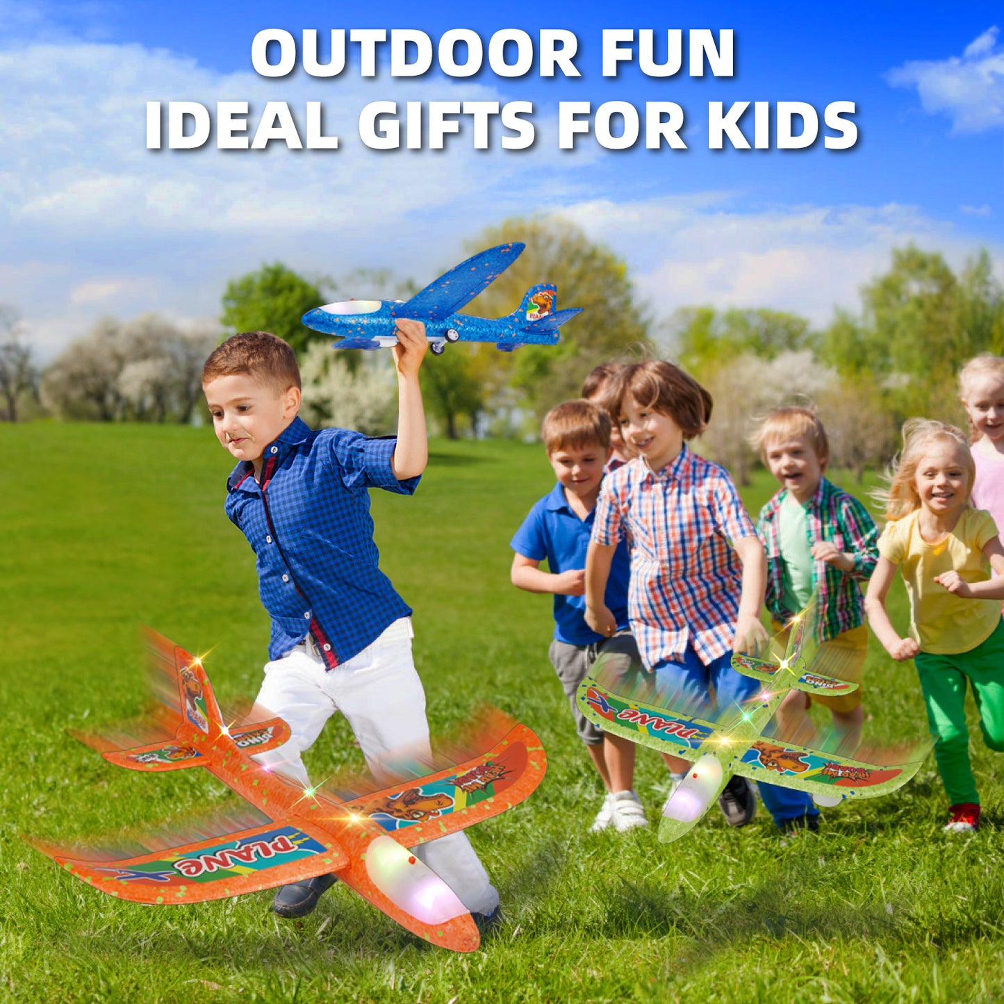 Gleamkid 3 Pack Airplane Launcher Toys, Foam Glider LED Light Airplane with 3 Dinosaur Stickers, 2 Flight Modes, Catapult Plane Toy for Kids, Outdoor Flying Toys Gifts for Boys Girls 3-12 Years Old