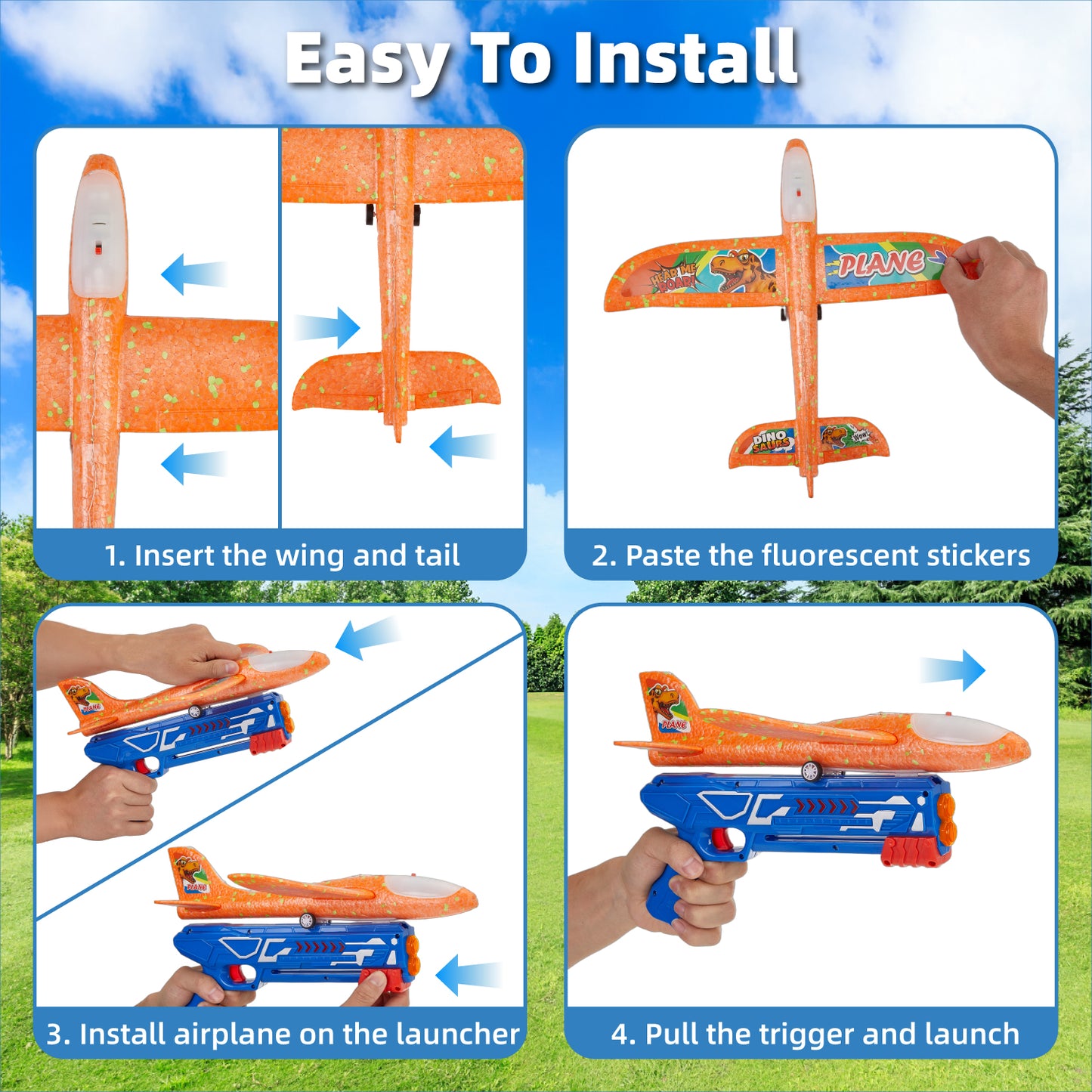 Lictin 3 Pack Airplane Launcher Toys, Foam Glider Airplane with LED Light & Dinosaur Stickers, Catapult Plane Toy for Boys, Outdoor Flying Toys Gifts for 3-12 Years Old Kids