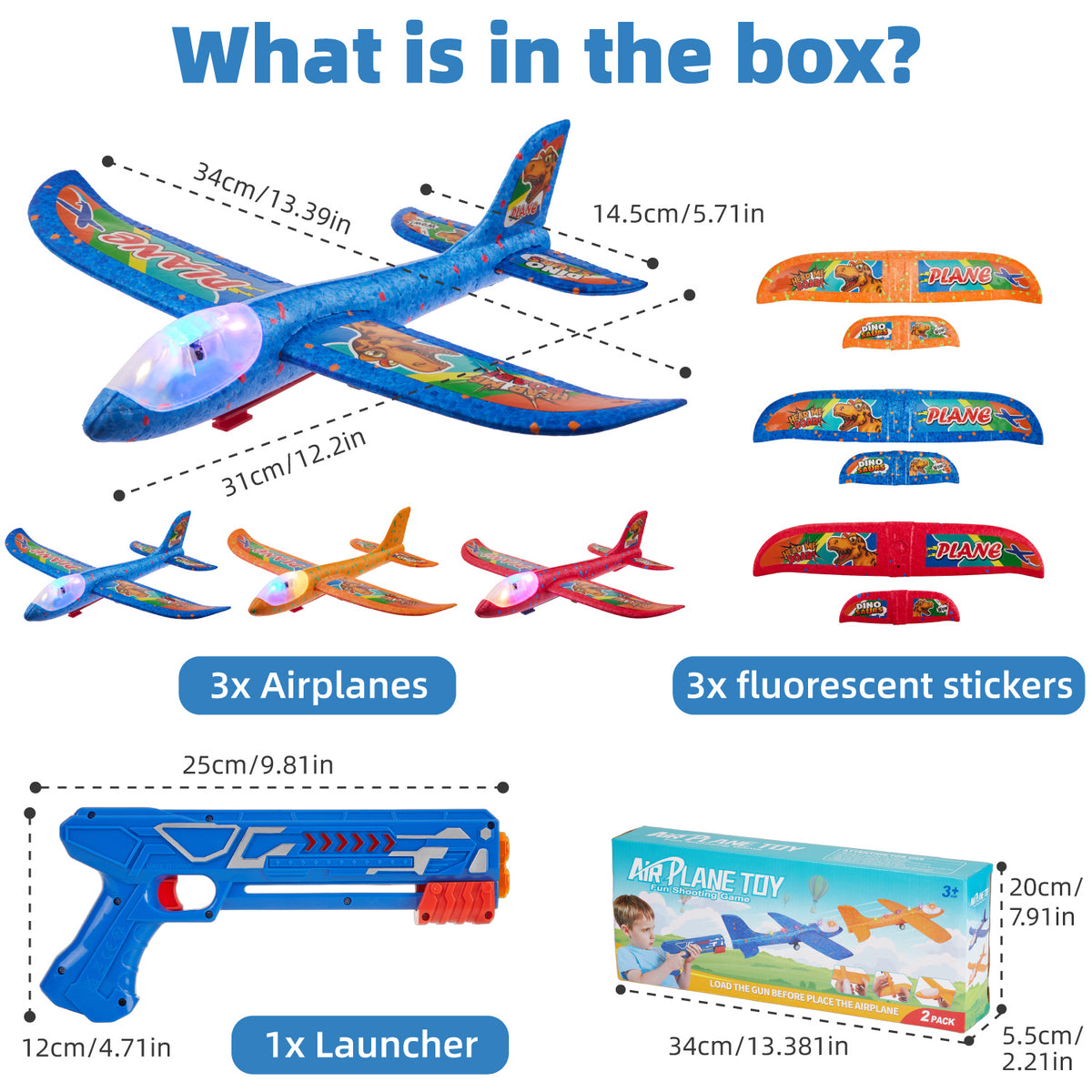 Petbank Airplane Launcher Toys, 3 Pack Flying Airplane Toys with Launcher, LED Light Foam Flying Glider Plane with Sticker, Outdoor Plane Toys for Boy Girl 3+