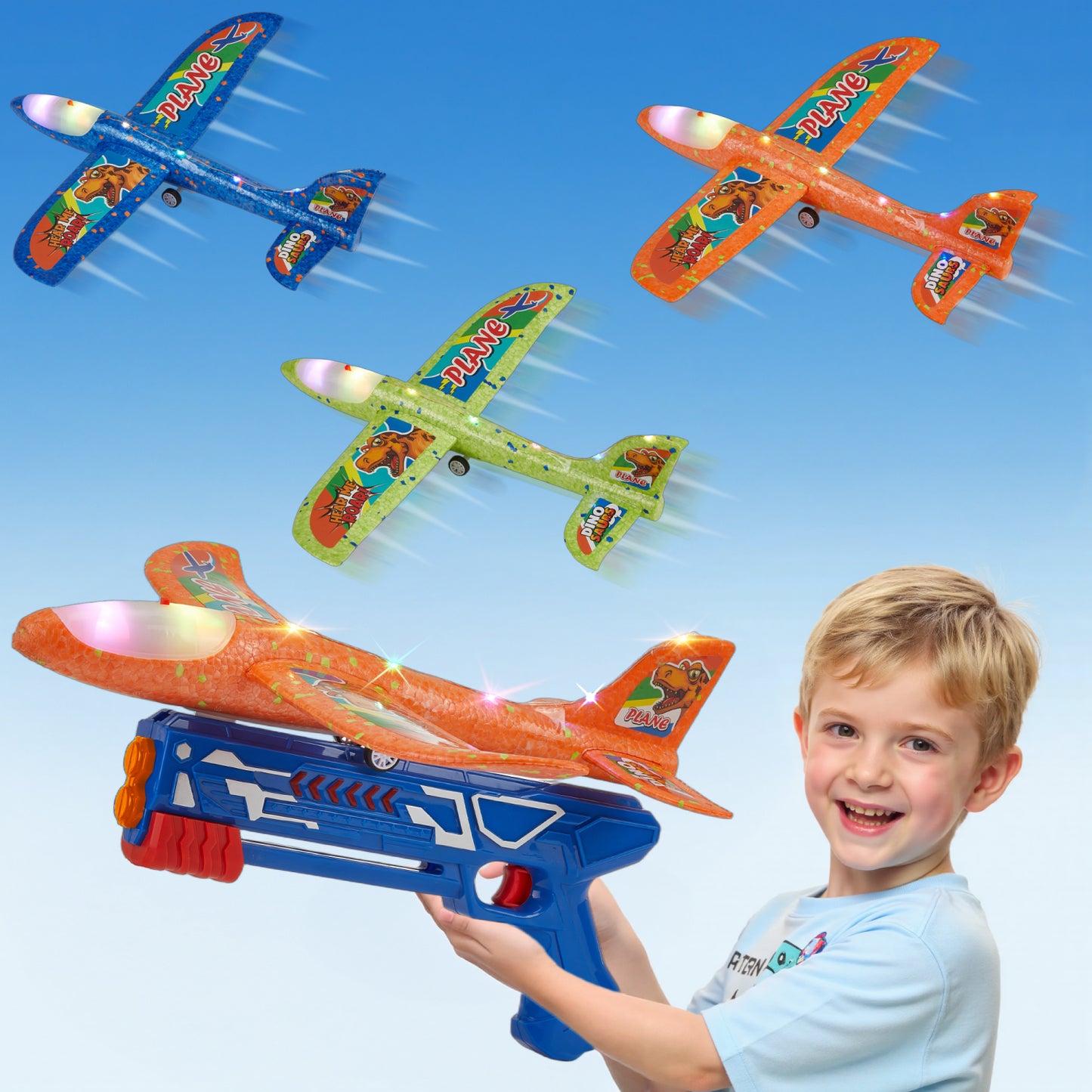 Gleamkid 3 Pack Airplane Launcher Toys, Foam Glider LED Light Airplane with 3 Dinosaur Stickers, 2 Flight Modes, Catapult Plane Toy for Kids, Outdoor Flying Toys Gifts for Boys Girls 3-12 Years Old