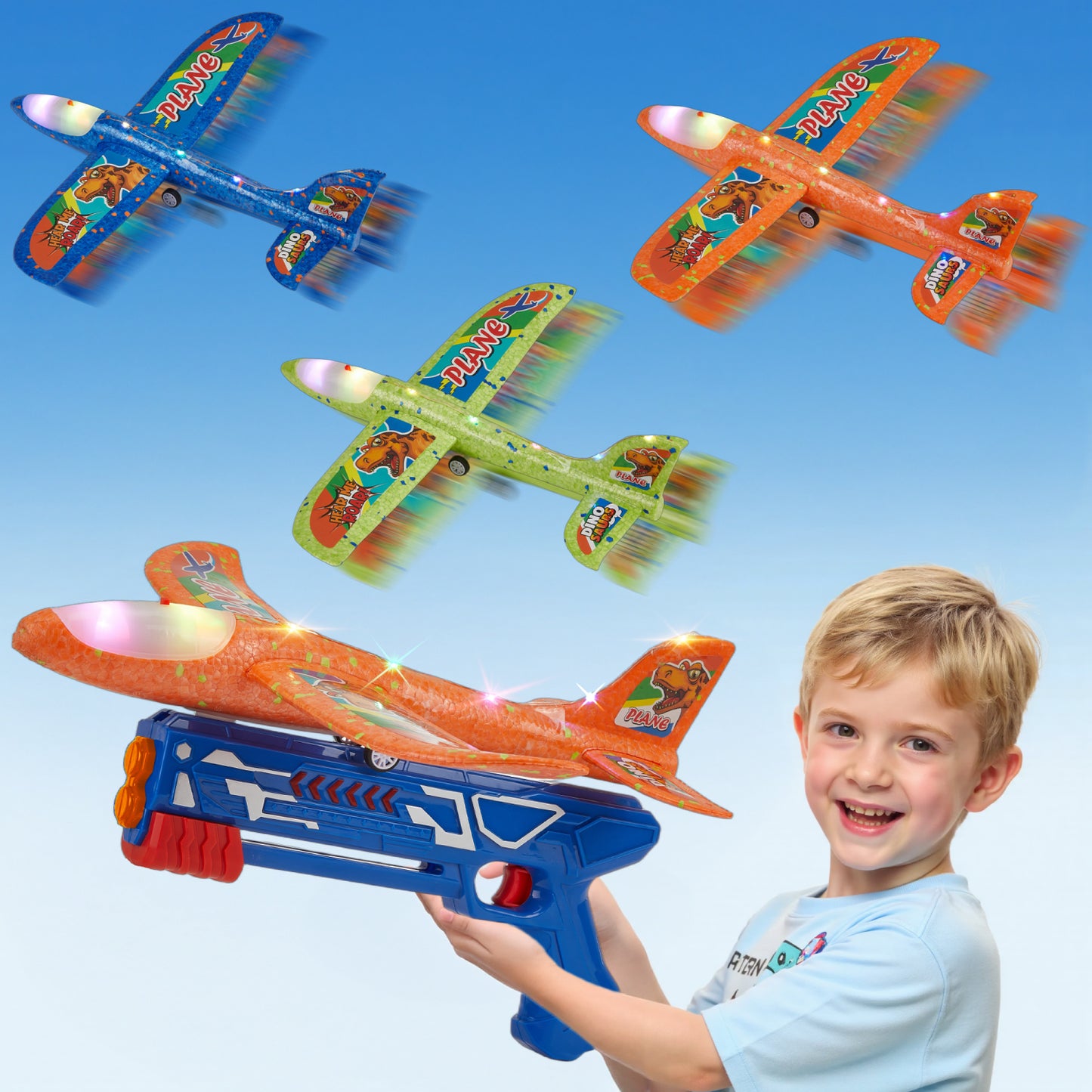 Lictin 3 Pack Airplane Launcher Toys, Foam Glider Airplane with LED Light & Dinosaur Stickers, Catapult Plane Toy for Boys, Outdoor Flying Toys Gifts for 3-12 Years Old Kids